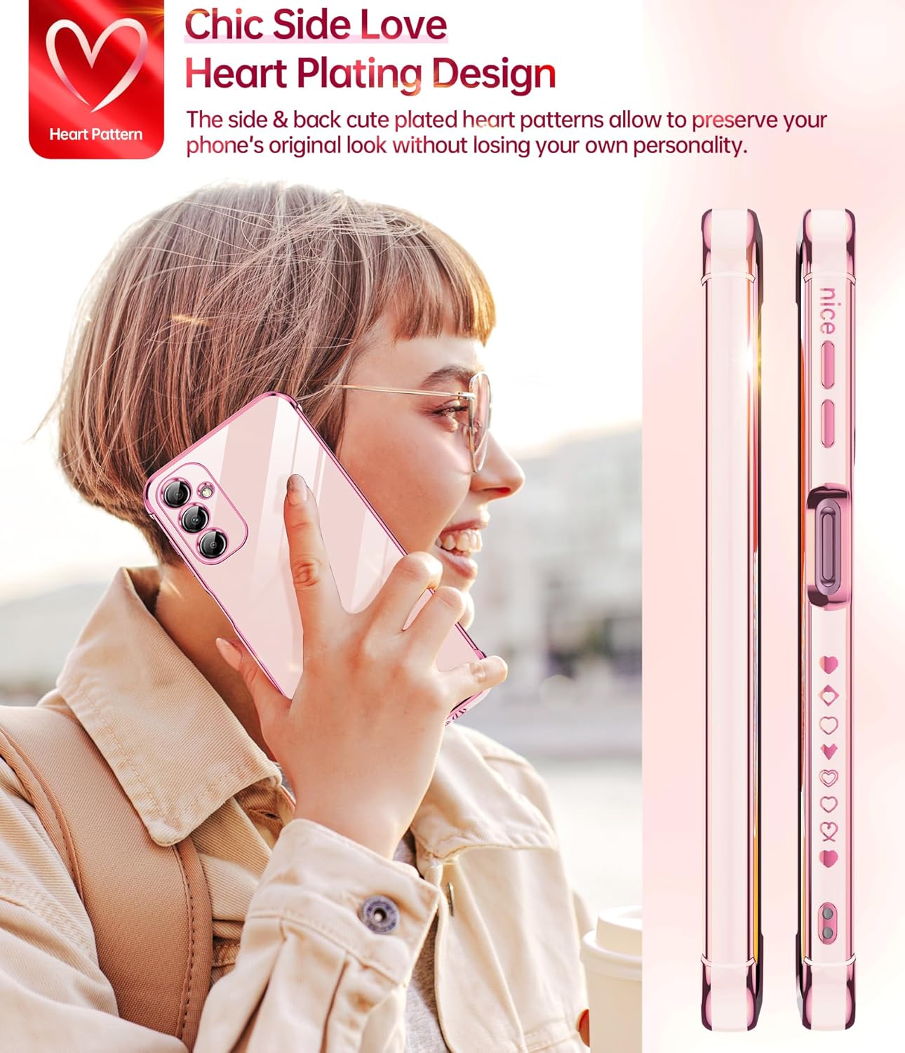 LeYi for Samsung Galaxy A14 5G Case: with Tempered Glass Screen Protector [2 Pcs]+ Full Camera Lens Protection, Love Heart Plating Girly Luxury Shockproof Case for A 14 5G, Pink