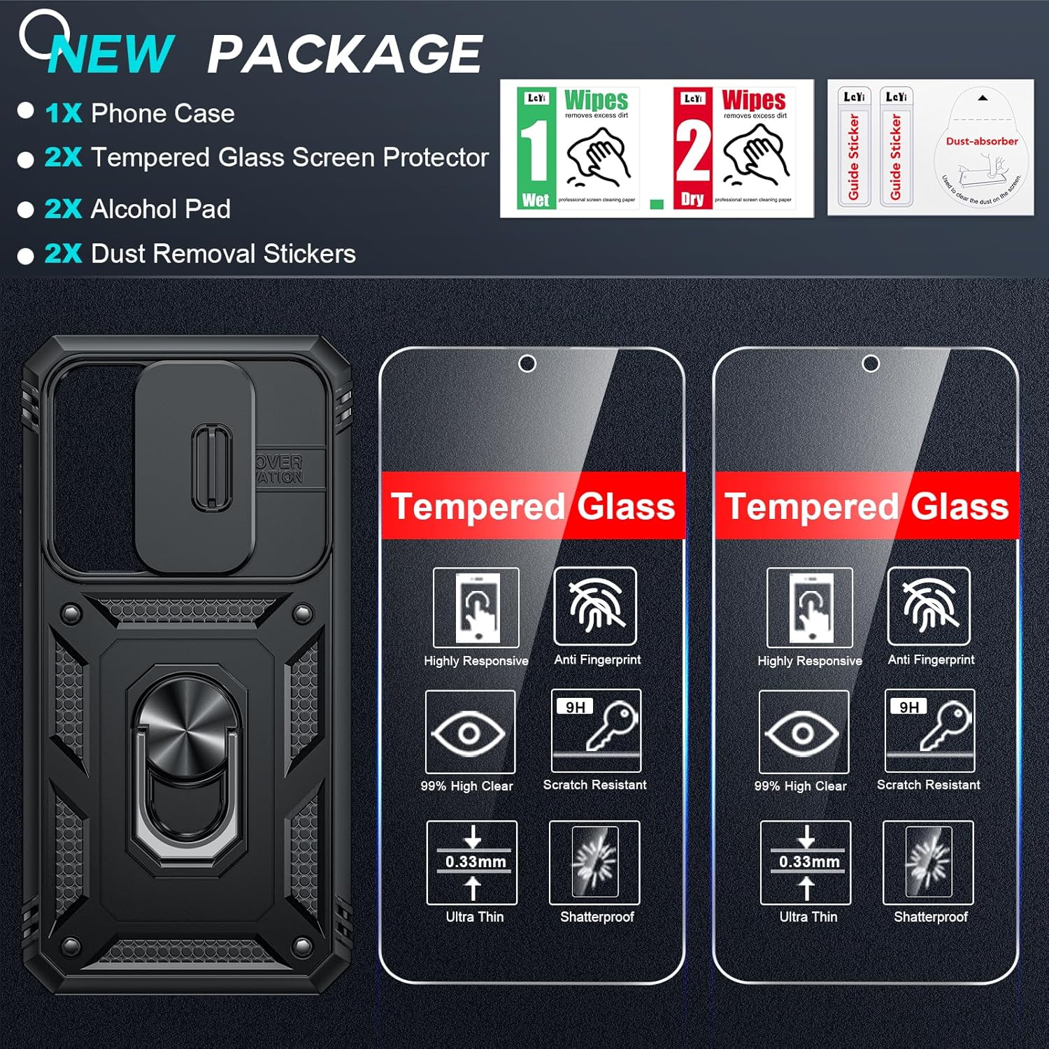 LeYi Compatible for Samsung Galaxy S24-FE Case: [𝗡𝗼𝘁 𝗳𝗶𝘁 𝗦𝟮𝟰 𝟱𝗚] Samsung S24 FE Case with S24FE Screen Protector X2 & Magnetic Stand, Military-Grade Cell Galaxy S 24 FE Phone, Black