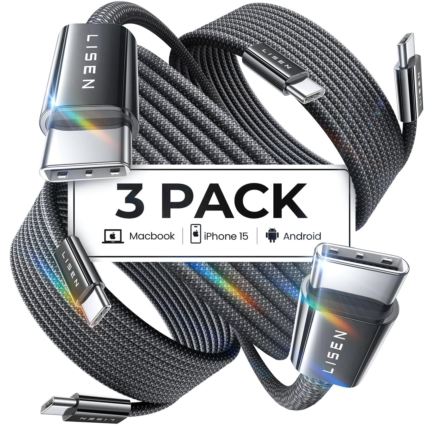 LISEN USB C to USB C Cable, 5-Pack [3.3/3.3/6.6/6.6/10FT] for iPhone 17 Charger Cord, 60W C to C Cable Fast Charging for iPad, iPhone 16 15 Pro Max, Galaxy S25/S24 USBC to USBC Cable Gifts for Men