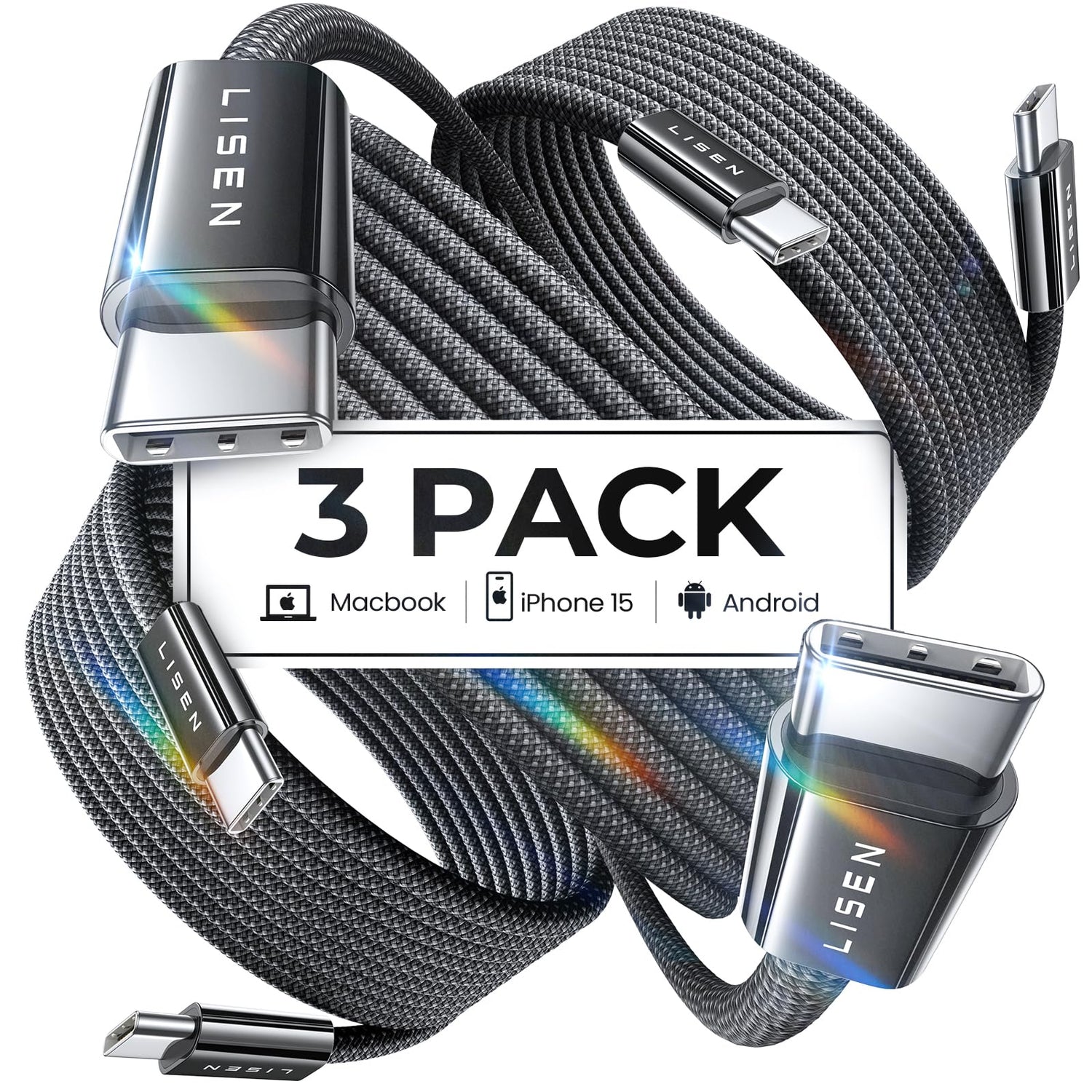 LISEN USB C to USB C Cable, 5-Pack [3.3/3.3/6.6/6.6/10FT] for iPhone 17 Charger Cord, 60W C to C Cable Fast Charging for iPad, iPhone 16 15 Pro Max, Galaxy S25/S24 USBC to USBC Cable Gifts for Men