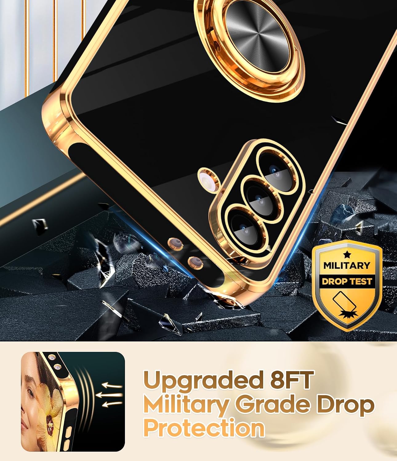 LeYi for Samsung A57 Case, 360°Magnetic Kickstand Rose Gold Plated Edge