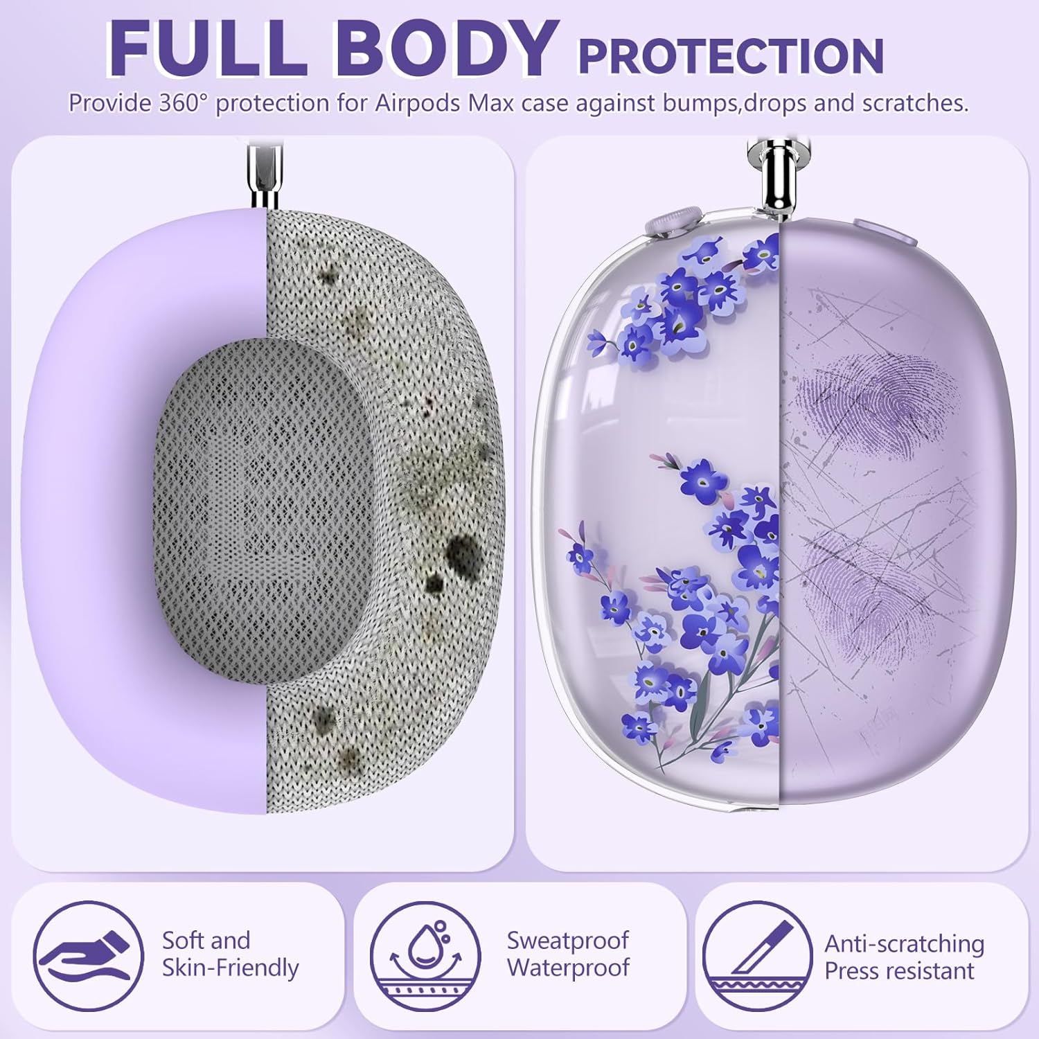 Silicone Cases for AirPods Max Headphones,Clear Flower Soft TPU Ear Cups Cover,Ear Pad Case Cover,Headband Cover for AirPod Max,Transparent Case for Apple AirPods Max USB-C(2024) for Women,Purple