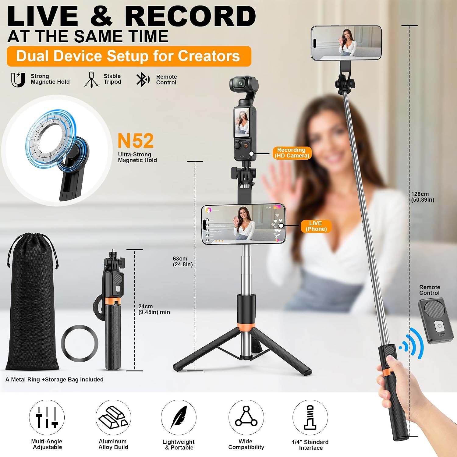 Magnetic Selfie Stick Tripod with 1/4" Camera Mount, Dual Device Phone & Camera Setup, Portable Content Creator Stand with Remote Control Phone Tripod for TikTok Live Streaming Travel Video Recording