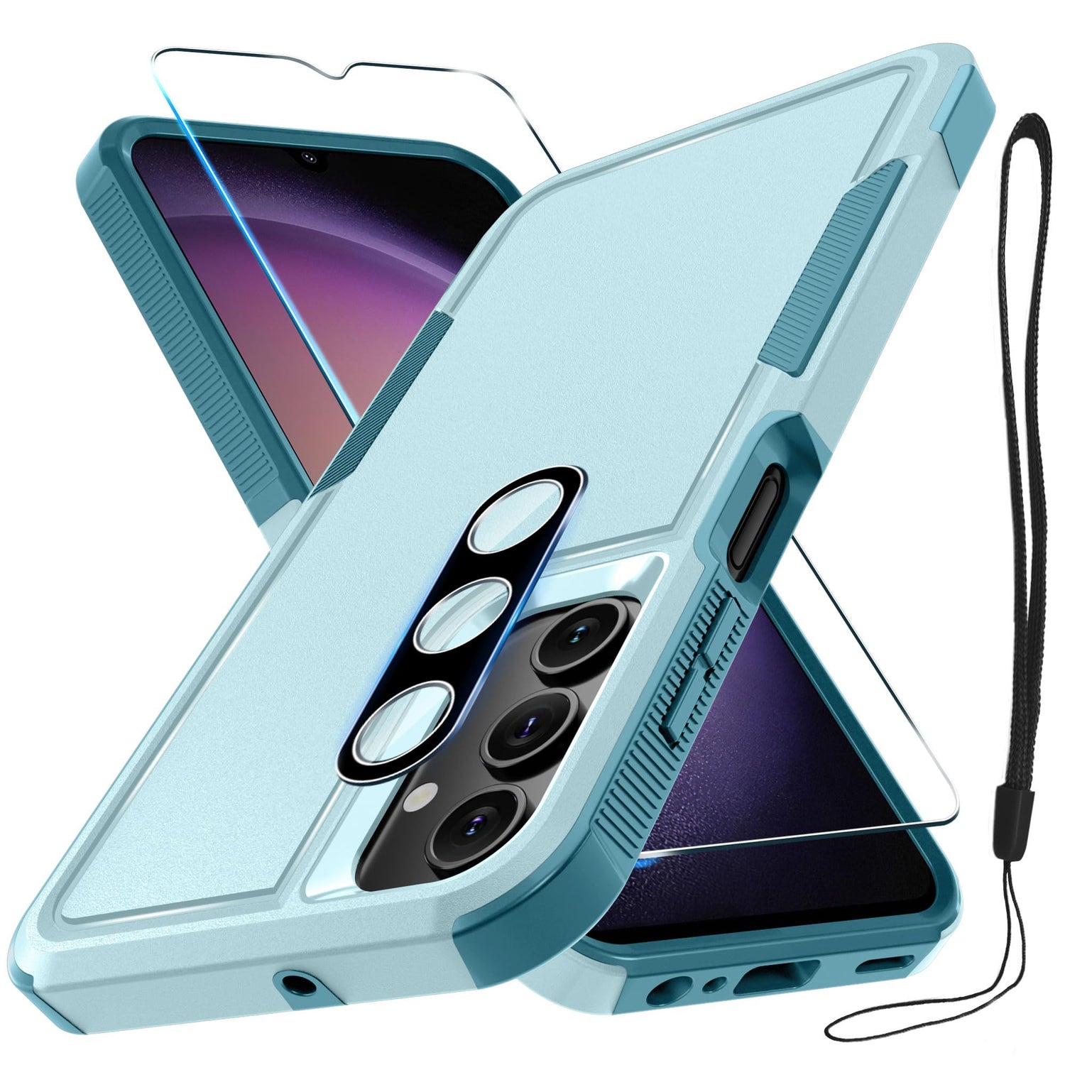 Case for Samsung Galaxy A17 5G Phone Cover with Screen Protector+Camera Lens Cover,Military Grade Heavy Duty Shockproof PhoneCase with Wrist Lanyard Strap for Sam A17,Mint Green