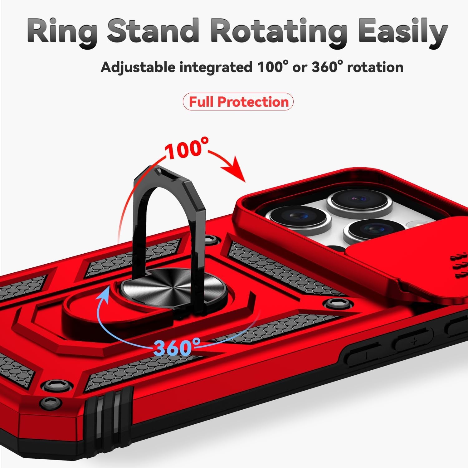 Case for Iphone 16 Pro Case with HD Screen Protector & Slide Camera Cover & Rotated Ring Kickstand, [Military-Grade] Phone Case for Iphone 16 Pro 6.3", Red