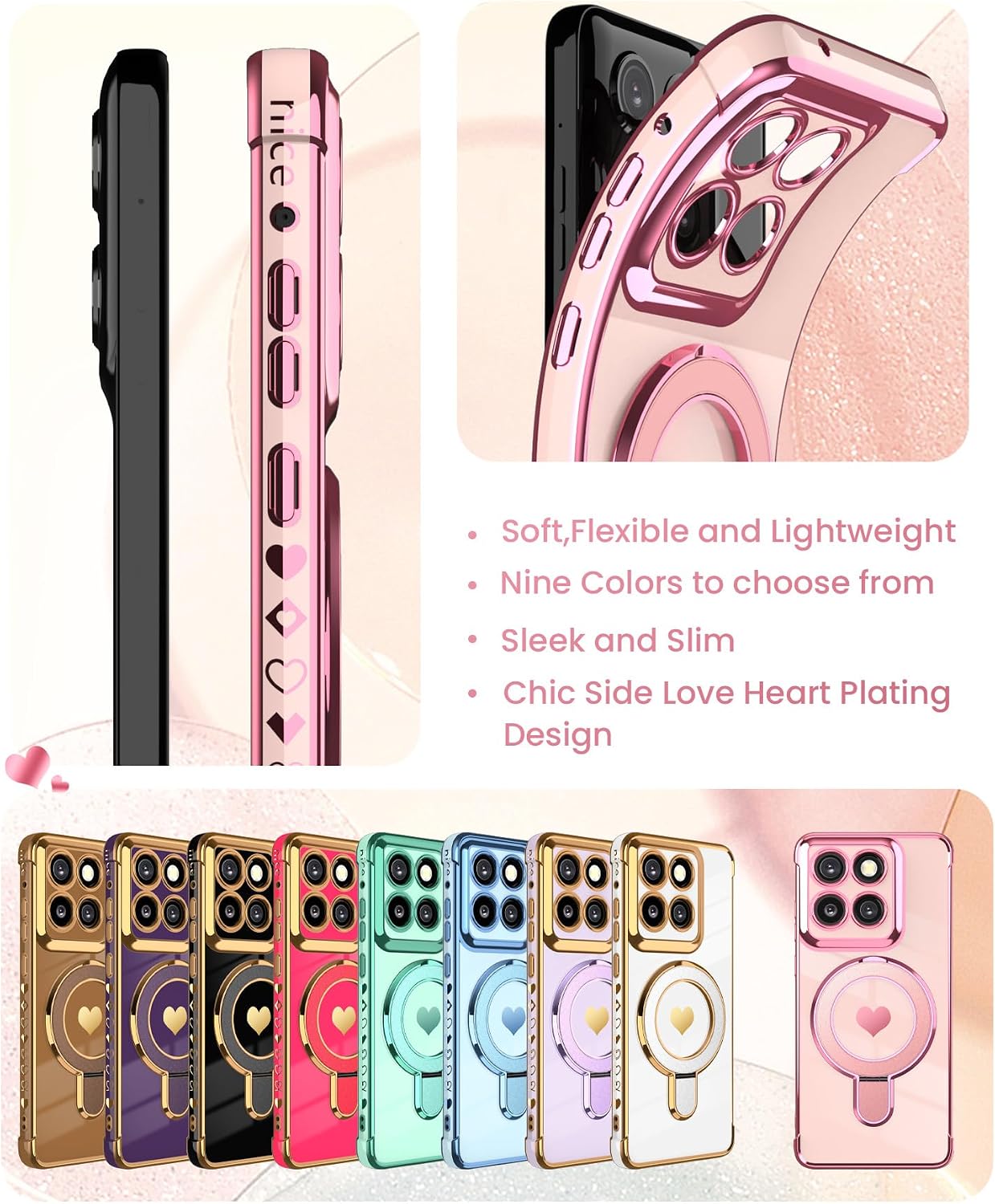 for Motorola Moto G Stylus 5G 2025/2026 Phone Case with Screen Protector,Cute Love Heart,Ring Metal Kickstand,Plated Gold Edge Soft TPU Protection Cover for Moto G Stylus 2025/2026 (Pink)