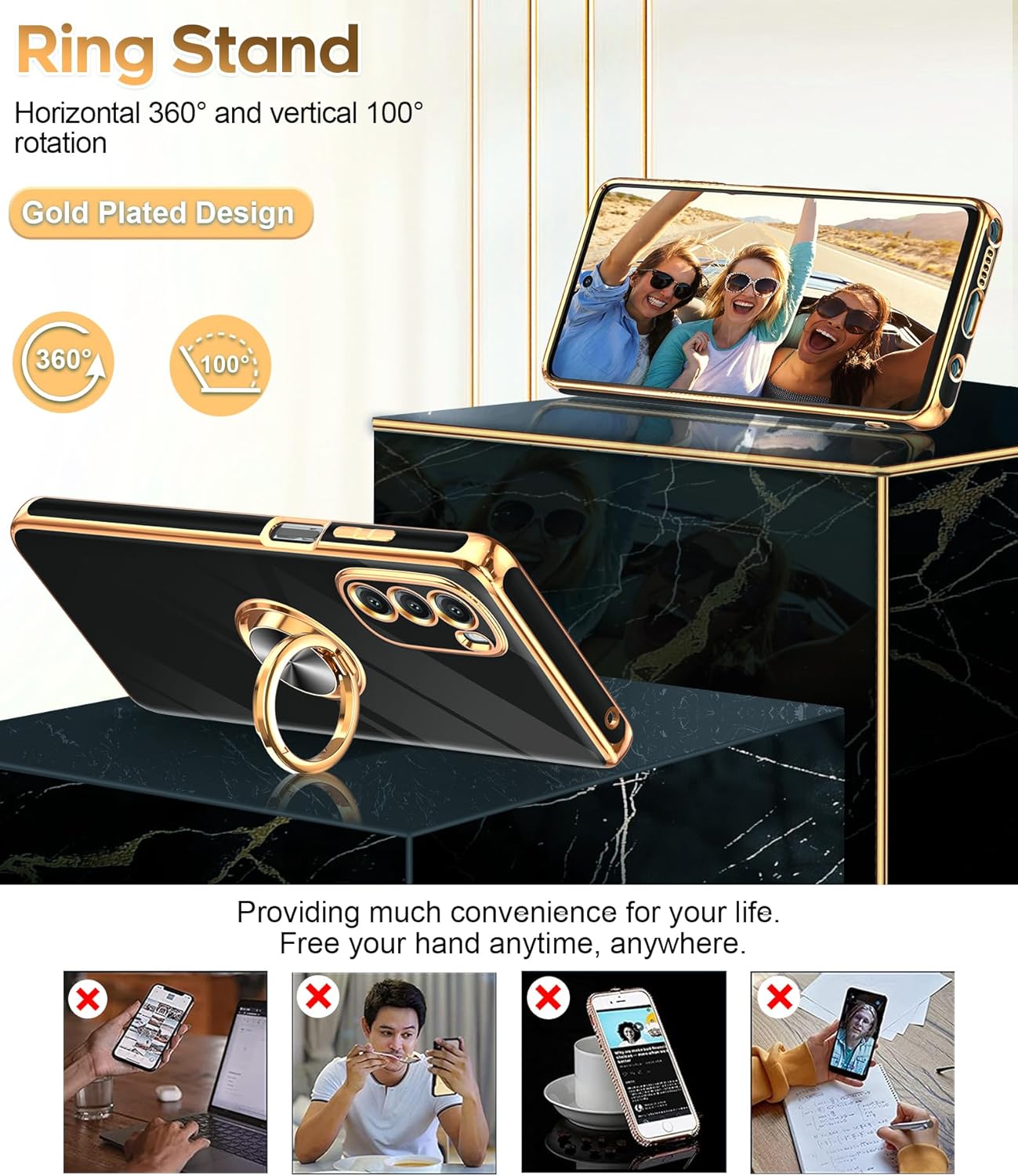 LeYi for Moto G Stylus 5G 2022 Case: with Tempered Glass Screen Protector [2 Pack] 360° Rotatable Ring Holder Magnetic Kickstand, Plating Rose Gold Edge for Motorola G Stylus 5G 2022 Case, Black