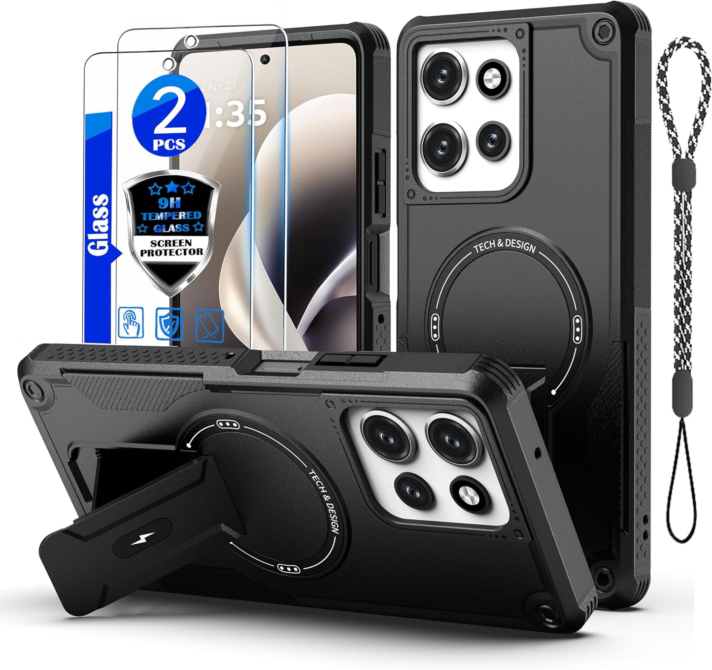 for Moto G Power 5G 2026/2025 Case[Compatible with MagSafe][with 2 Pack Glass Screen Protector][Built in Invisible Stand] Military-Grade Shockproof Protective Phone Cover(Black)