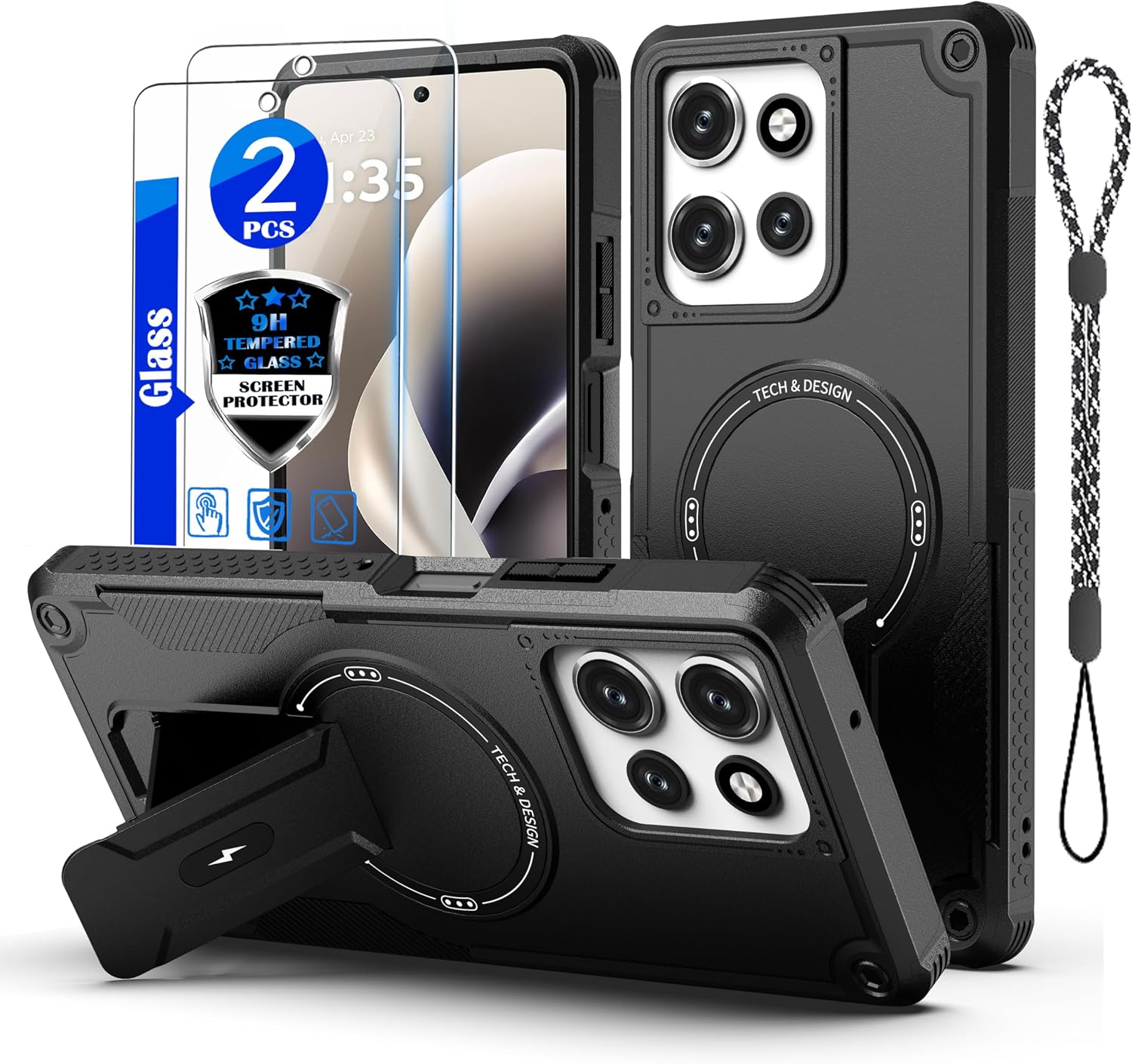 for Moto G Power 5G 2026/2025 Case[Compatible with MagSafe][with 2 Pack Glass Screen Protector][Built in Invisible Stand] Military-Grade Shockproof Protective Phone Cover(Black)