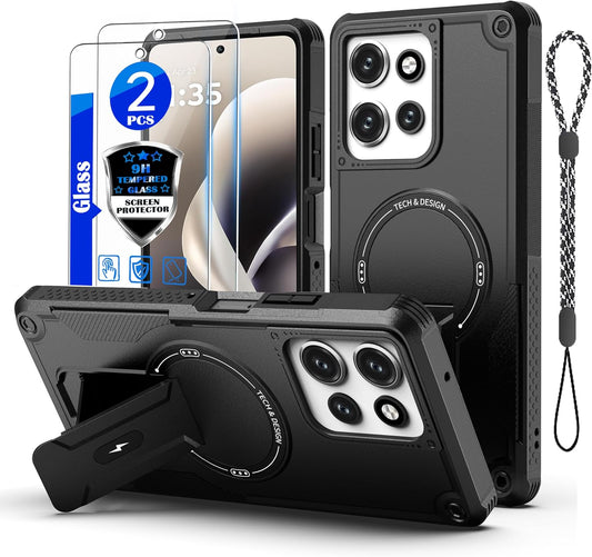 for Moto G Power 5G 2026/2025 Case[Compatible with MagSafe][with 2 Pack Glass Screen Protector][Built in Invisible Stand] Military-Grade Shockproof Protective Phone Cover(Black)