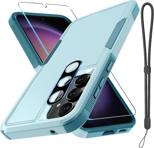 for Samsung Galaxy S23 FE Case [NOT for S23], Full Body Heavy Duty Rugged Shockproof Protective Phone Cover with Wrist Strap Lanyard, Tempered Glass Screen Protector and Camera Lens Cover, Mint Green