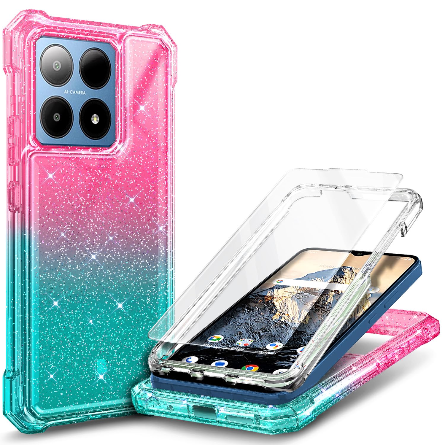 for TCL NXTPAPER 70 Pro Case, Shockproof Cover, Glitter Aqua/Purple