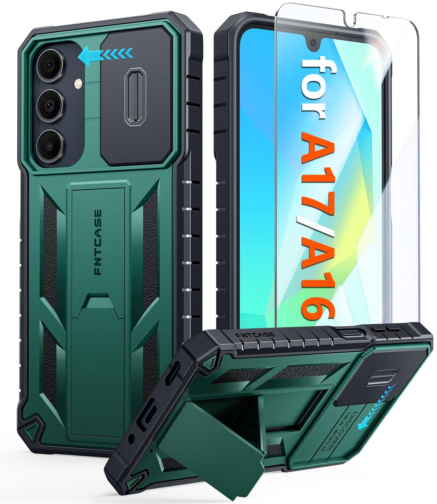 FNTCASE for Galaxy A17/A16-5G Case: Samsung A17 5G Military-Grade Dropproof Phone Cover with Kickstand & Slide Camera Cover | Protective Heavy Duty Rugged Phone Case Bumper Textured Protector (Blue)