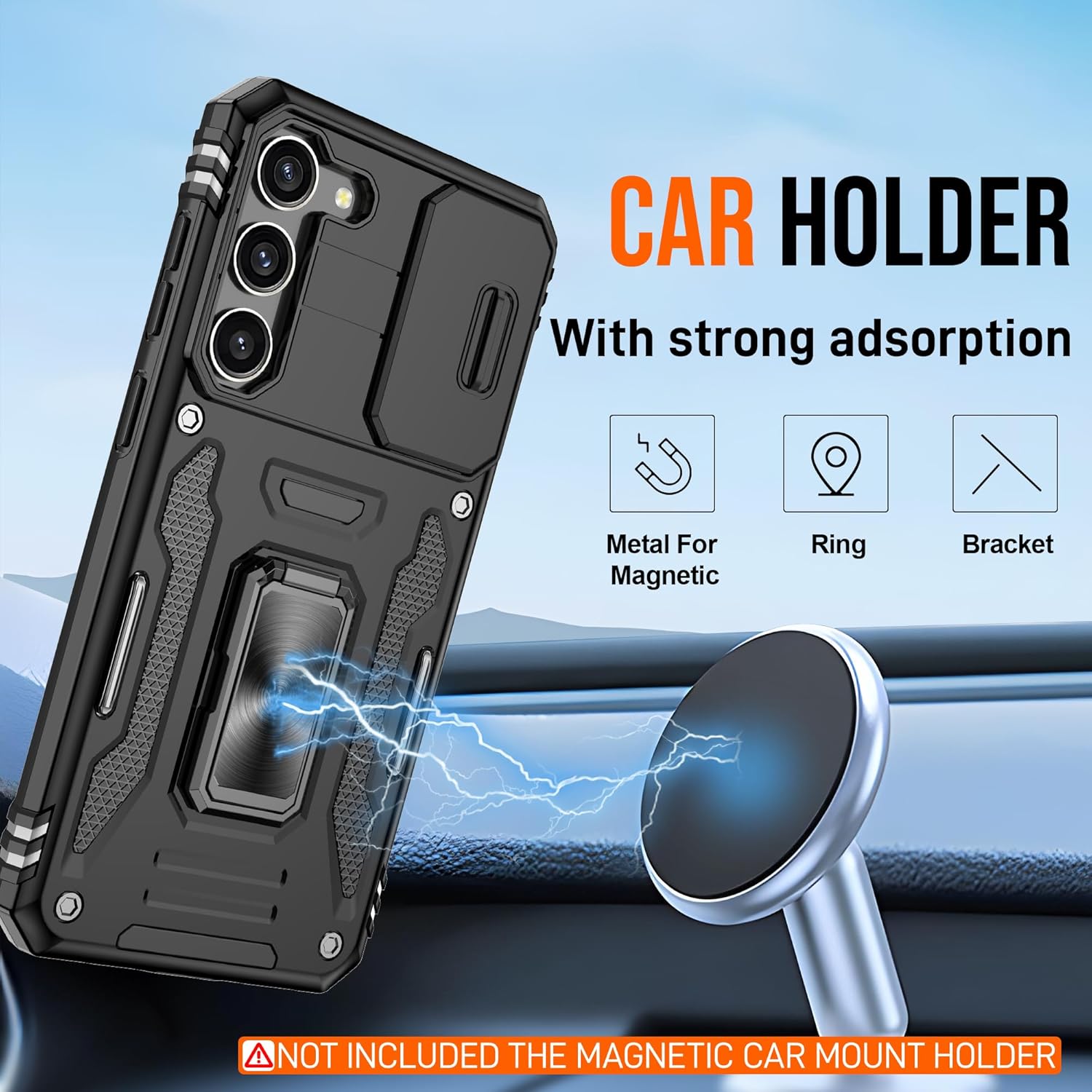 ATUMP for Samsung Galaxy S23 Case with [2 Pack] HD Screen Protector & Slide Camera Cover, 360° Rotation Ring Kickstand [Military Grade] Shockproof Protective Case for Galaxy S23 5G 6.1", Black