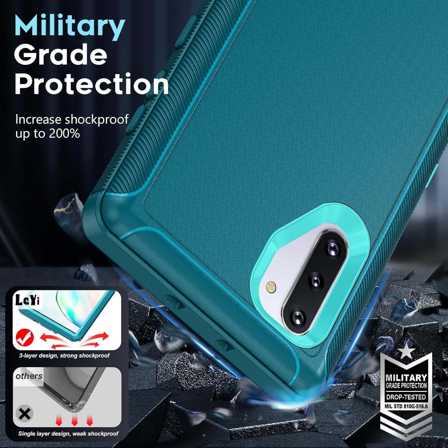 LeYi Compatible for Galaxy Note 10 Case[Not for Plus/+], Upgrade 3-in-1 Full Body Shockproof Rubber Outer Cover Heavy Duty Tough Rugged Dustproof Defender Protection Case for Samsung Note 10 (Teal)