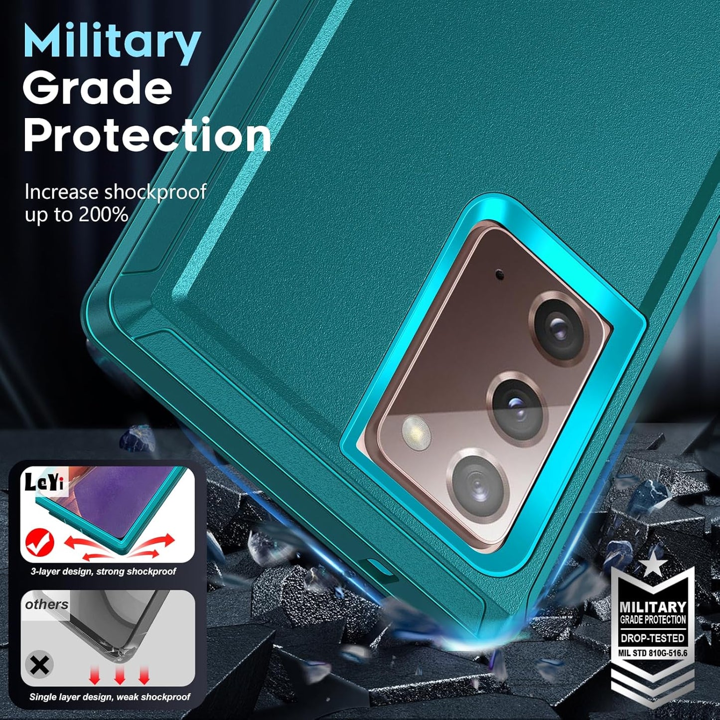 LeYi Compatible for Samsung Galaxy Note-20 Case[𝐍𝐨𝐭 𝐅𝐢𝐭 Note 20 Ultra]: Samsung Note 20 Case, Military Grade Protection, 3 in 1 Full Body Shockproof Drop Cell Phone Cover Funda Note20, Teal Blue