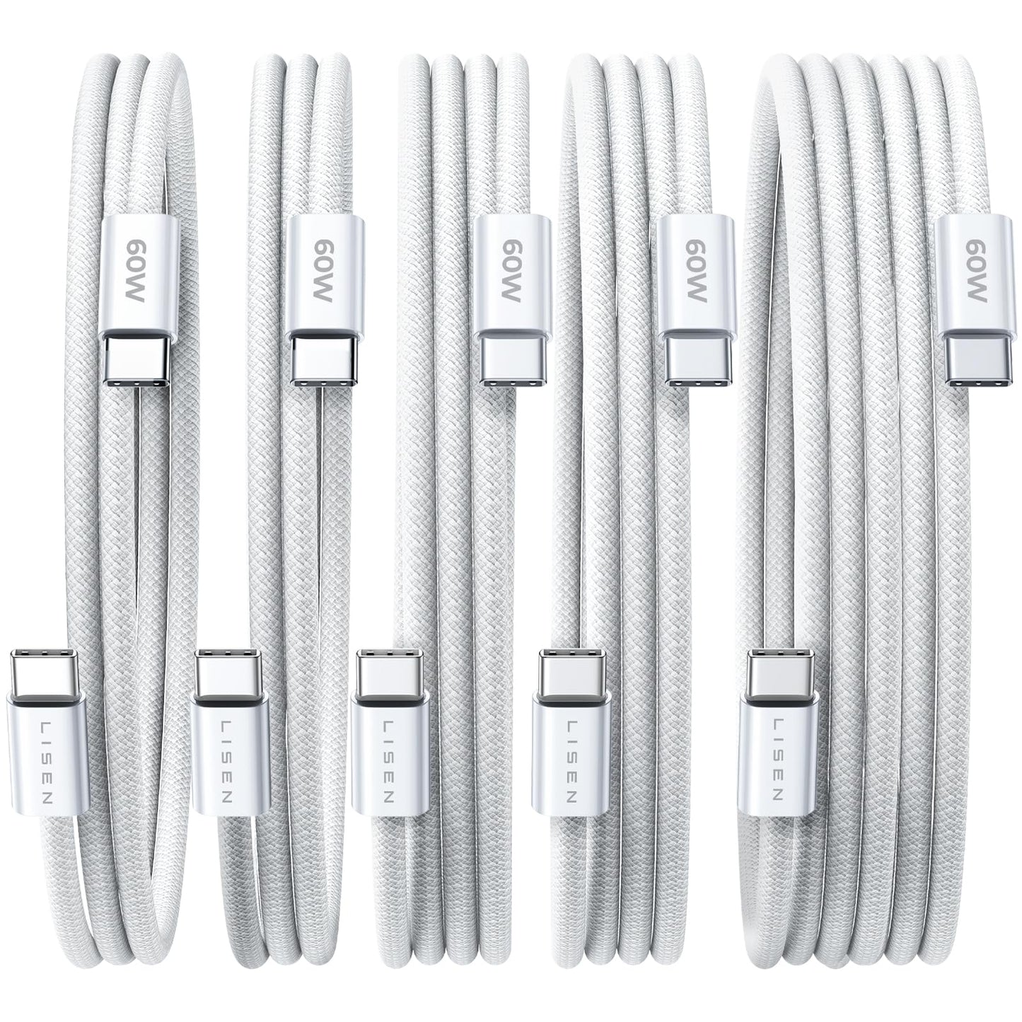 LISEN USB C to USB C Cable, 5-Pack [3.3/3.3/6.6/6.6/10FT] for iPhone 17 Charger Cord, 60W C to C Cable Fast Charging for iPad, iPhone 16 15 Pro Max, Galaxy S25/S24 USBC to USBC Cable Gifts for Men