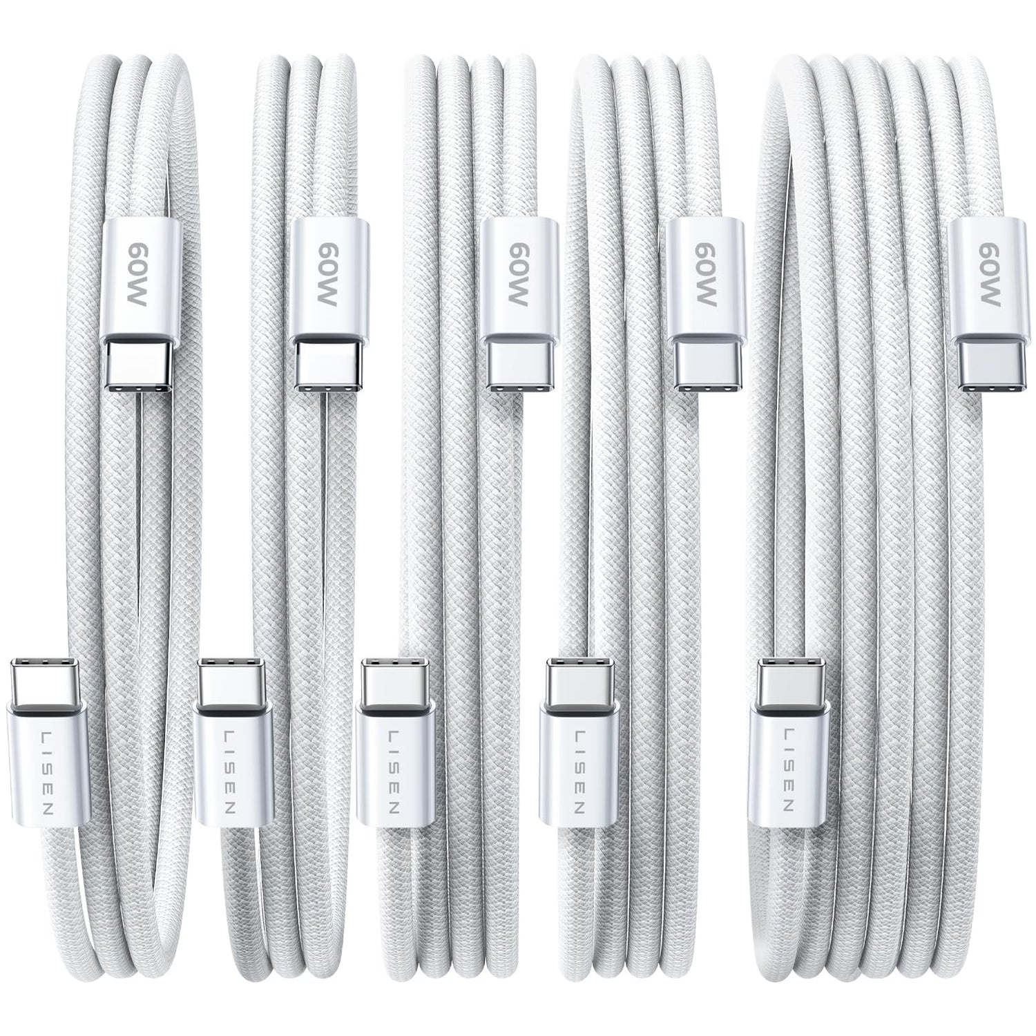 LISEN USB C to USB C Cable, 5-Pack [3.3/3.3/6.6/6.6/10FT] for iPhone 17 Charger Cord, 60W C to C Cable Fast Charging for iPad, iPhone 16 15 Pro Max, Galaxy S25/S24 USBC to USBC Cable Gifts for Men