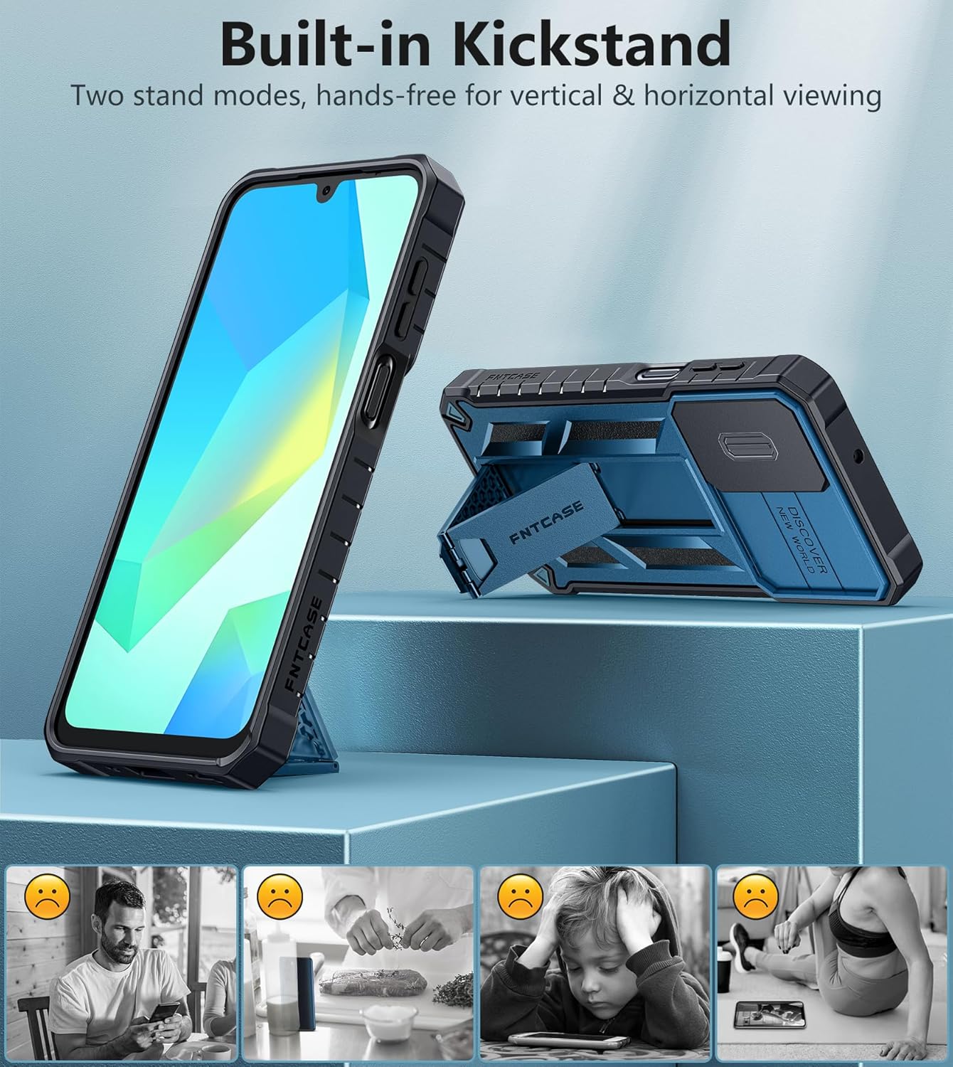 FNTCASE for Galaxy A17/A16-5G Case: Samsung A17 5G Military-Grade Dropproof Phone Cover with Kickstand & Slide Camera Cover | Protective Heavy Duty Rugged Phone Case Bumper Textured Protector (Blue)