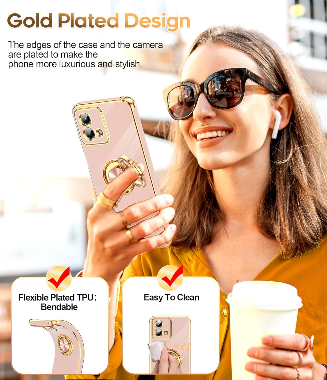 LeYi for Moto G Stylus 5G 2023 Phone Case: with Tempered Glass Screen Protector [2 Pack] 360° Rotatable Ring Holder Magnetic Kickstand, Plating Rose Gold Edge Motorola G Stylus 5G 2023 Case, Pink