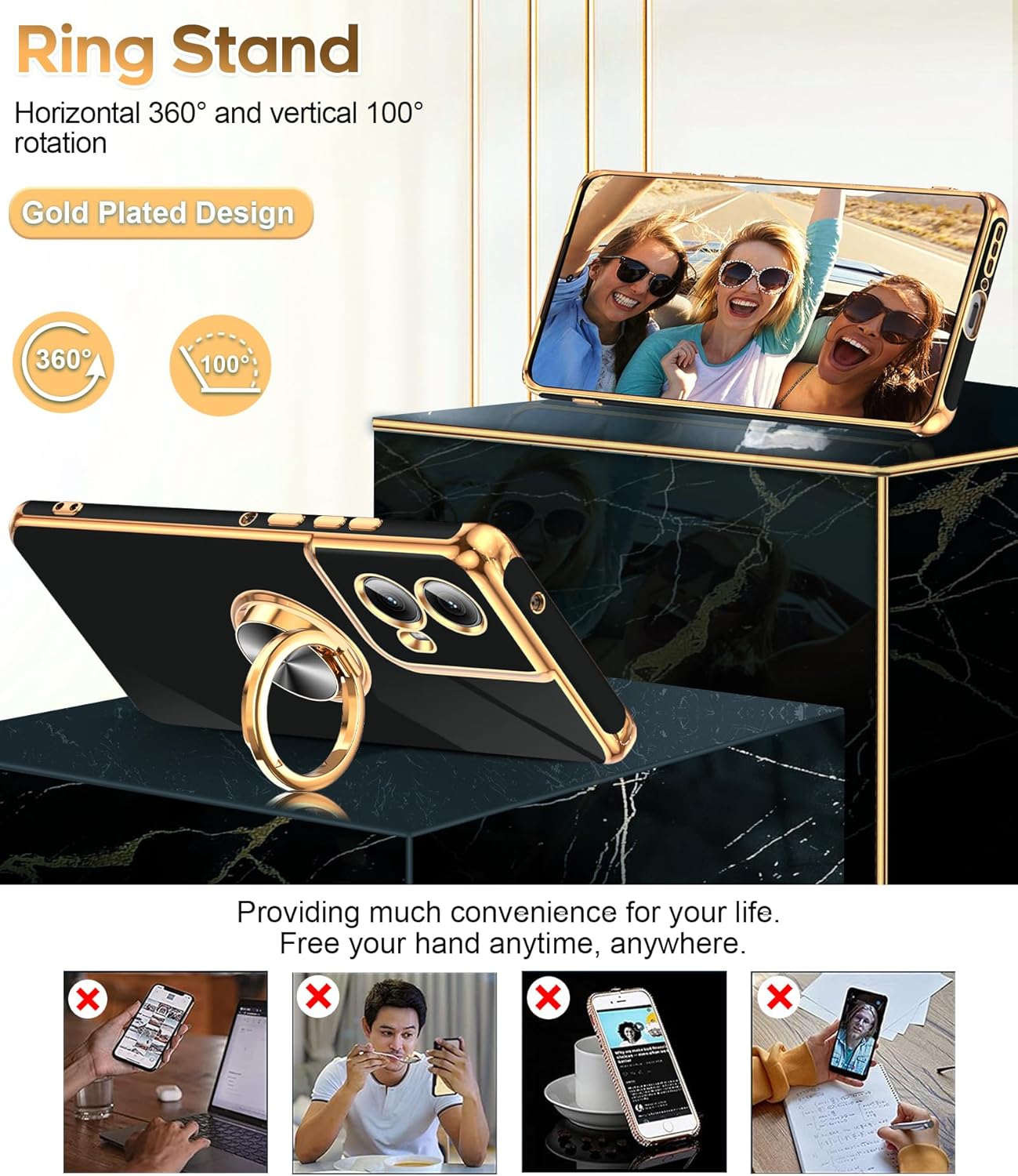 LeYi for Motorola-Edge-2024-Case: 【NOT FIT Edge 50/ G 5G 2024】 with 360° Rotatable Ring Holder Magnetic Kickstand, Plating Rose Gold Edge Protective for Motorola Moto Edge 5G 2024 Case, Black