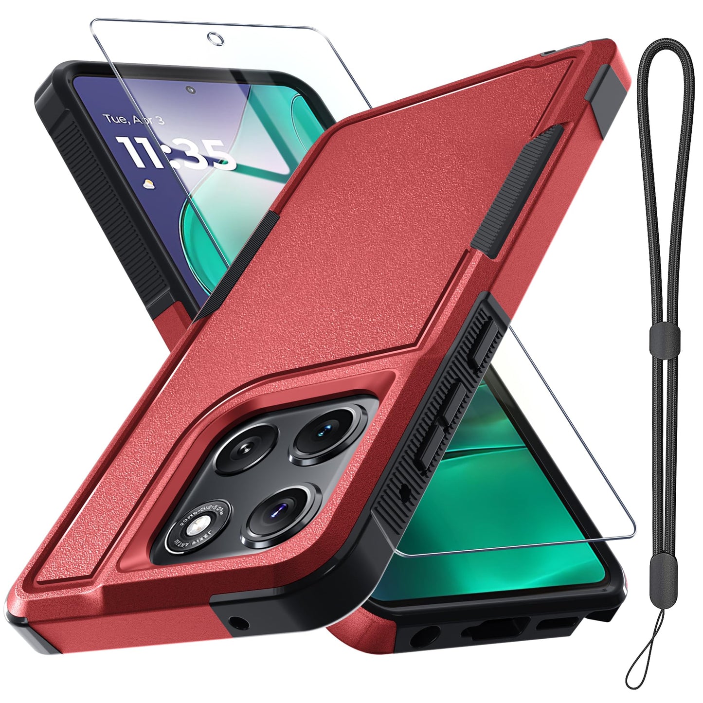 for Motorola G Play 2026/Moto G 2026 Case, Full Body Heavy Duty Rugged Shockproof Protective Phone Cover with Lanyard Strap+Tempered Glass Screen Protector, Black Matte