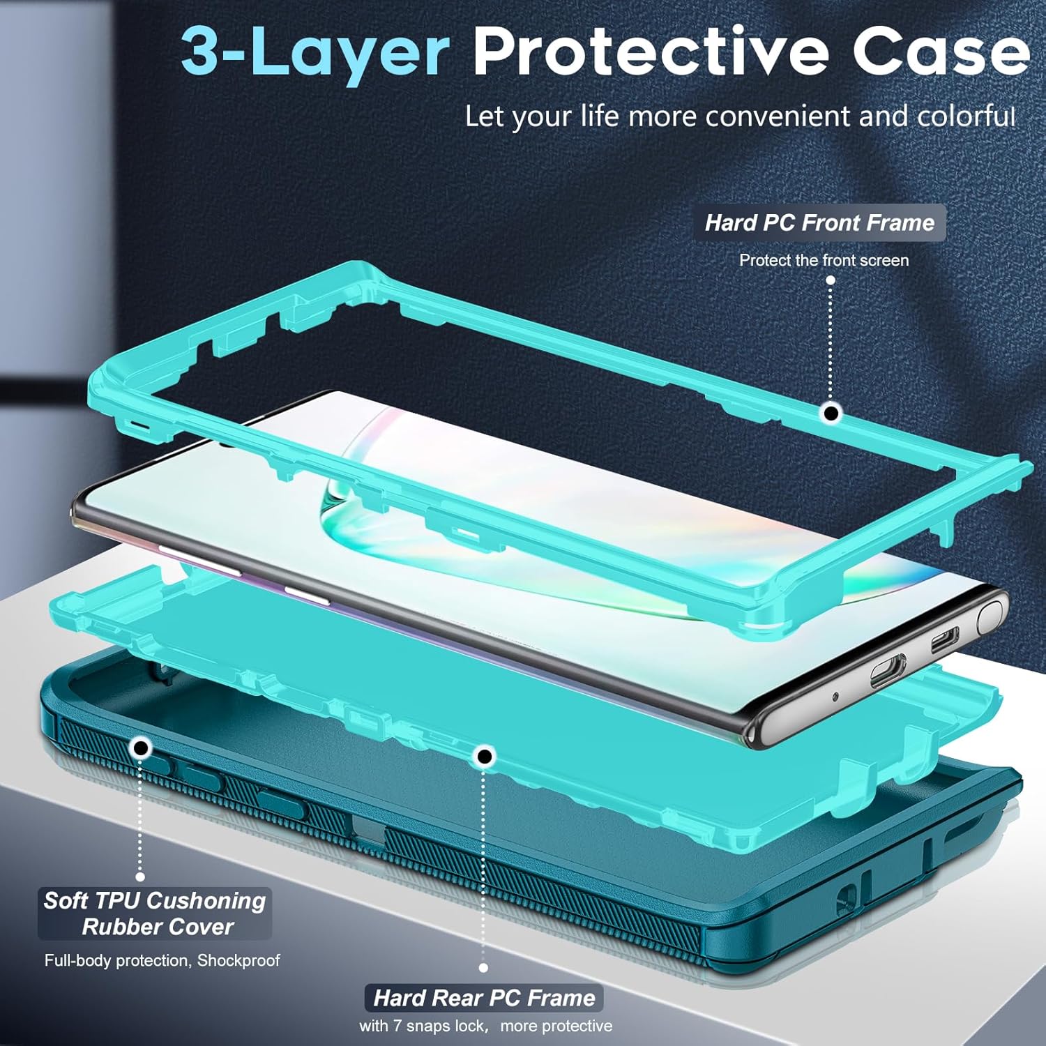 LeYi Compatible for Galaxy Note 10 Case[Not for Plus/+], Upgrade 3-in-1 Full Body Shockproof Rubber Outer Cover Heavy Duty Tough Rugged Dustproof Defender Protection Case for Samsung Note 10 (Teal)