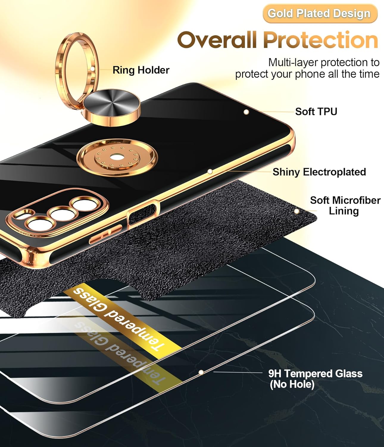 LeYi for Moto G Stylus 5G 2022 Case: with Tempered Glass Screen Protector [2 Pack] 360° Rotatable Ring Holder Magnetic Kickstand, Plating Rose Gold Edge for Motorola G Stylus 5G 2022 Case, Black