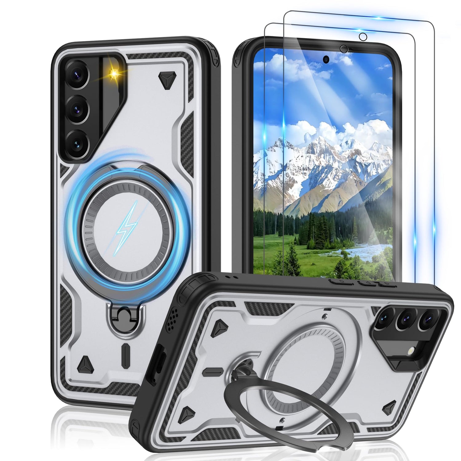 Gritup for Samsung Galaxy-S22 Case:Compatible with MagSafe & [HD Screen Protector×2],Metal Rotated Kickstand,Military Grade Drop Proof Anti-Fingerprint Protective Case for Samsung S22,Black