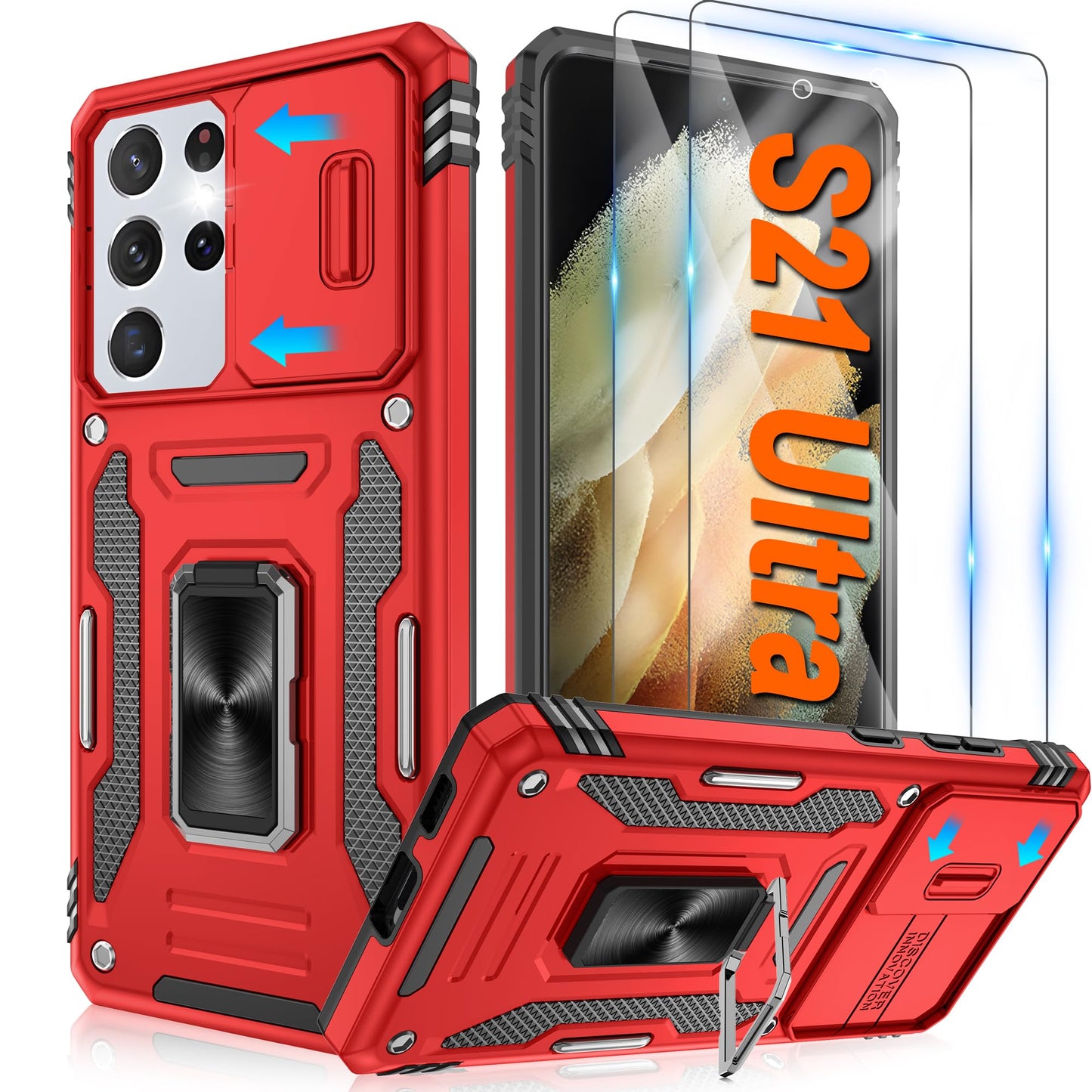 ATUMP for Samsung Galaxy S23 Case with [2 Pack] HD Screen Protector & Slide Camera Cover, 360° Rotation Ring Kickstand [Military Grade] Shockproof Protective Case for Galaxy S23 5G 6.1", Black