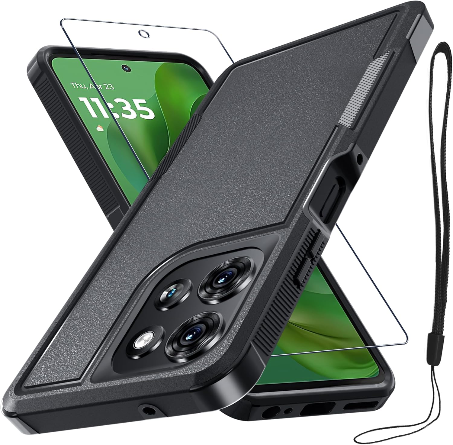 for Motorola Moto G Power 2026 Case, Full Body Heavy Duty Rugged Shockproof Protective Phone Cover with Lanyard Strap+Tempered Glass Screen Protector, Black Matte