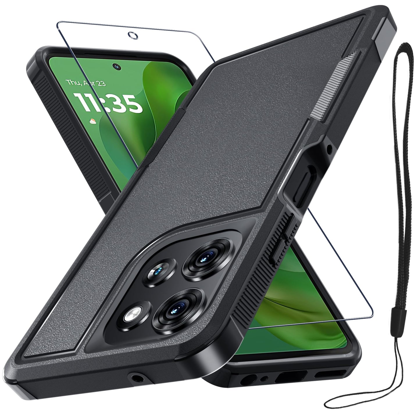 for Motorola G Play 2026/Moto G 2026 Case, Full Body Heavy Duty Rugged Shockproof Protective Phone Cover with Lanyard Strap+Tempered Glass Screen Protector, Black Matte