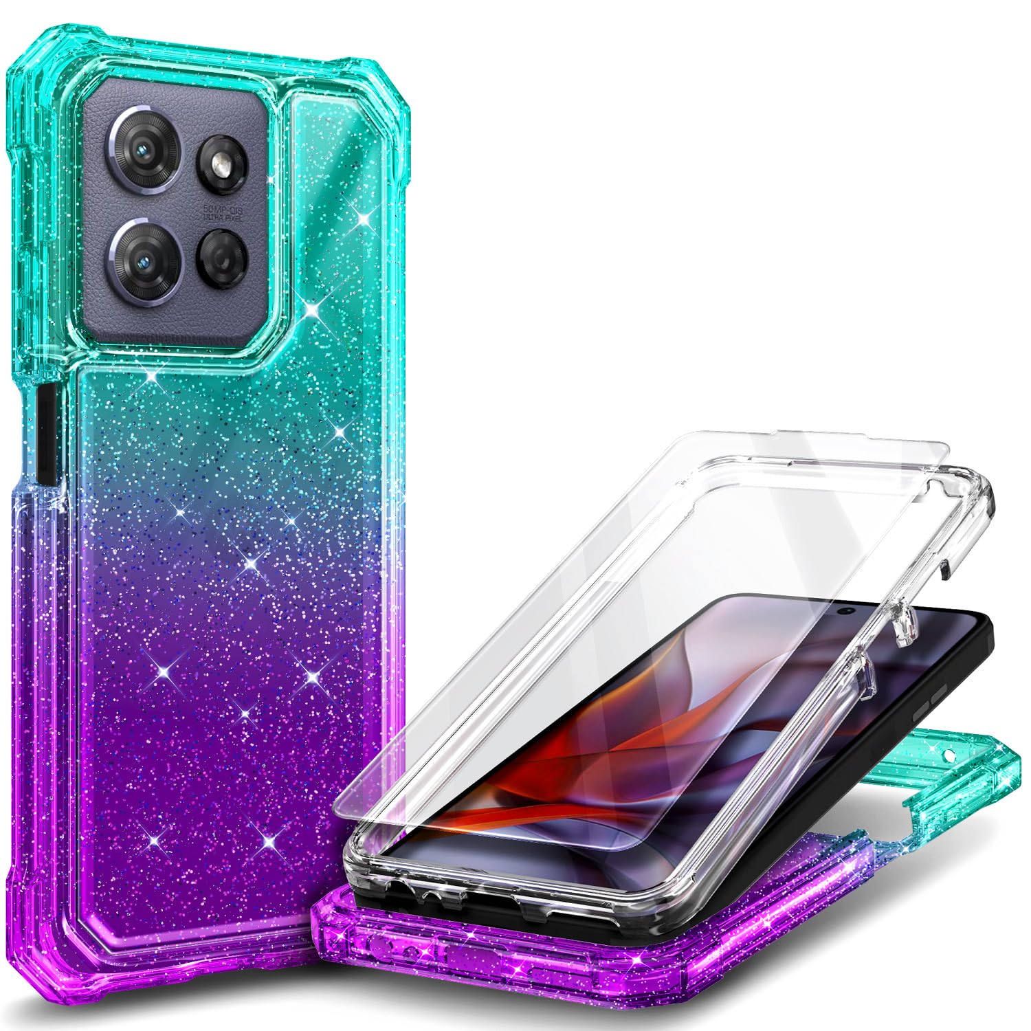 for TCL NXTPAPER 70 Pro Case, Shockproof Cover, Glitter Aqua/Purple
