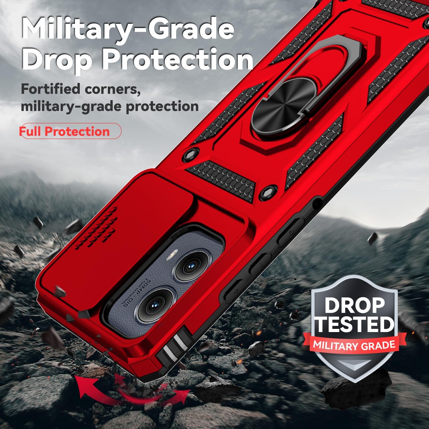 SunStory Phone Case for Motorola Moto Edge 2024 Case with HD Screen Protector & Slide Camera Cover & Rotated Ring Kickstand, [Military-Grade] Phone Case for Moto Edge 2024 (Red)