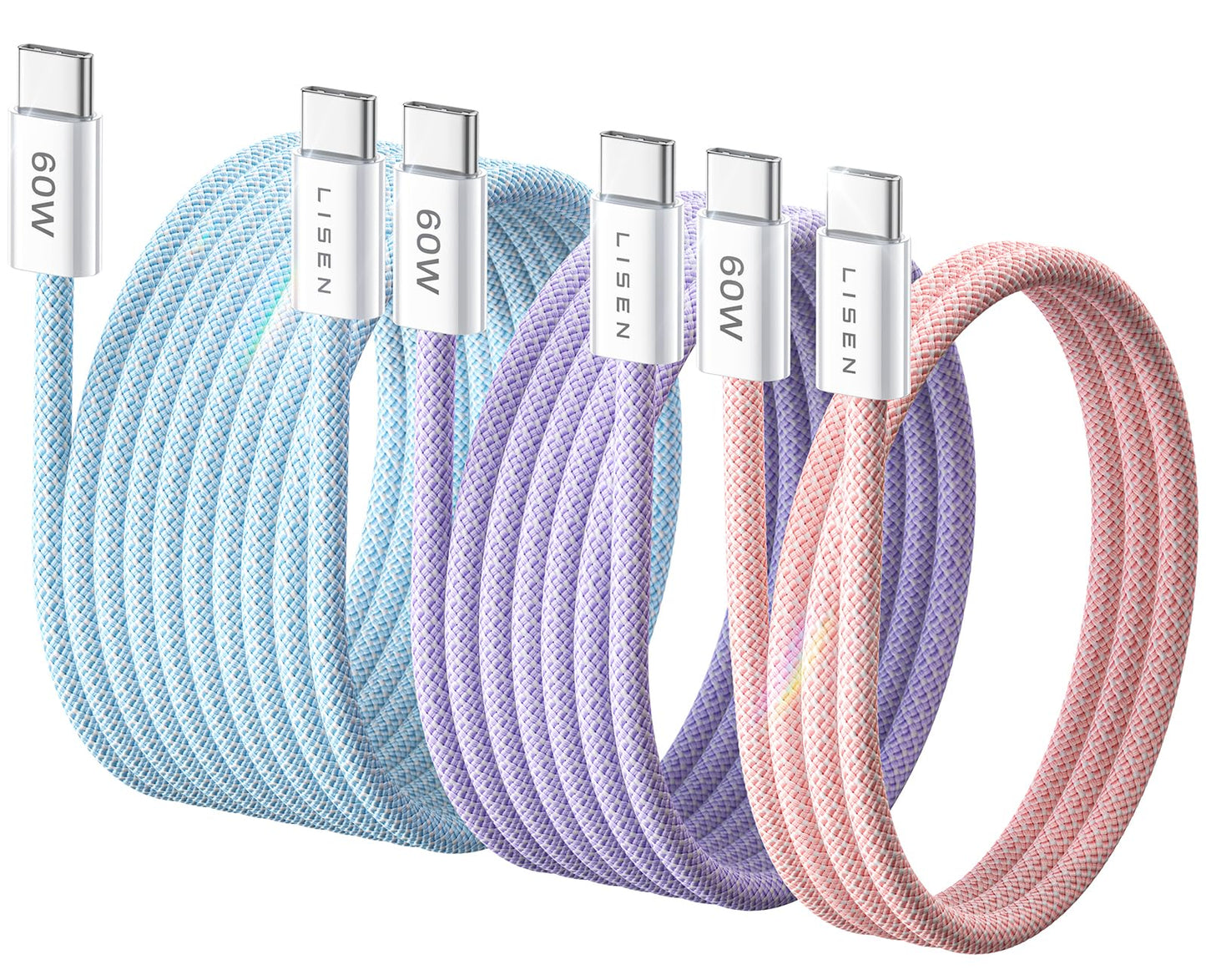 LISEN USB C to USB C Cable, 5-Pack [3.3/3.3/6.6/6.6/10FT] for iPhone 17 Charger Cord, 60W C to C Cable Fast Charging for iPad, iPhone 16 15 Pro Max, Galaxy S25/S24 USBC to USBC Cable Gifts for Men