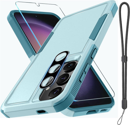 RMOCR Case for Samsung Galaxy S24 FE, Full Body Heavy Duty Rugged Shockproof Protective Phone Cover with Lanyard Strap, Tempered Glass Screen Protector and Camera Lens Cover, Mint Green