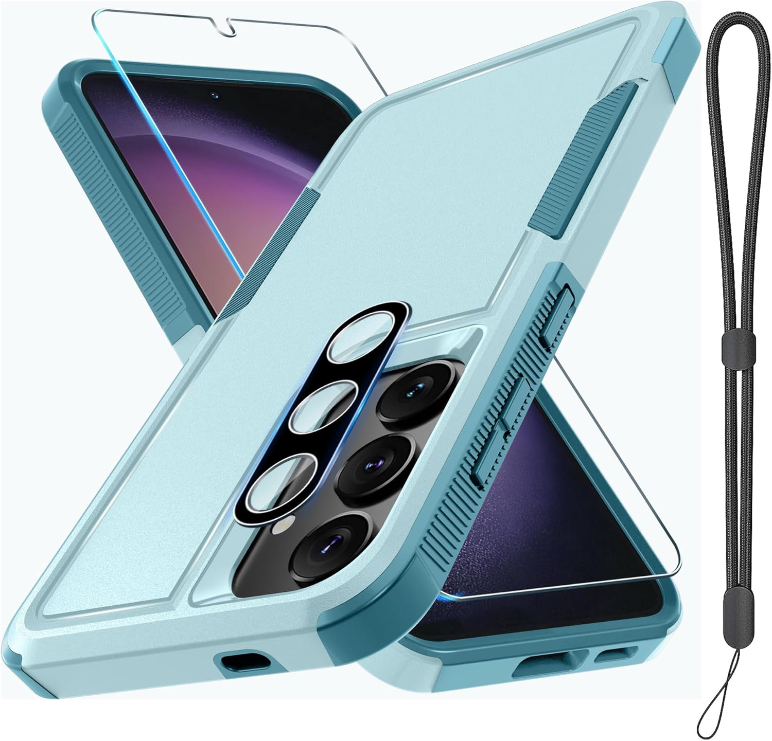 RMOCR Case for Samsung Galaxy S24 FE, Full Body Heavy Duty Rugged Shockproof Protective Phone Cover with Lanyard Strap, Tempered Glass Screen Protector and Camera Lens Cover, Mint Green