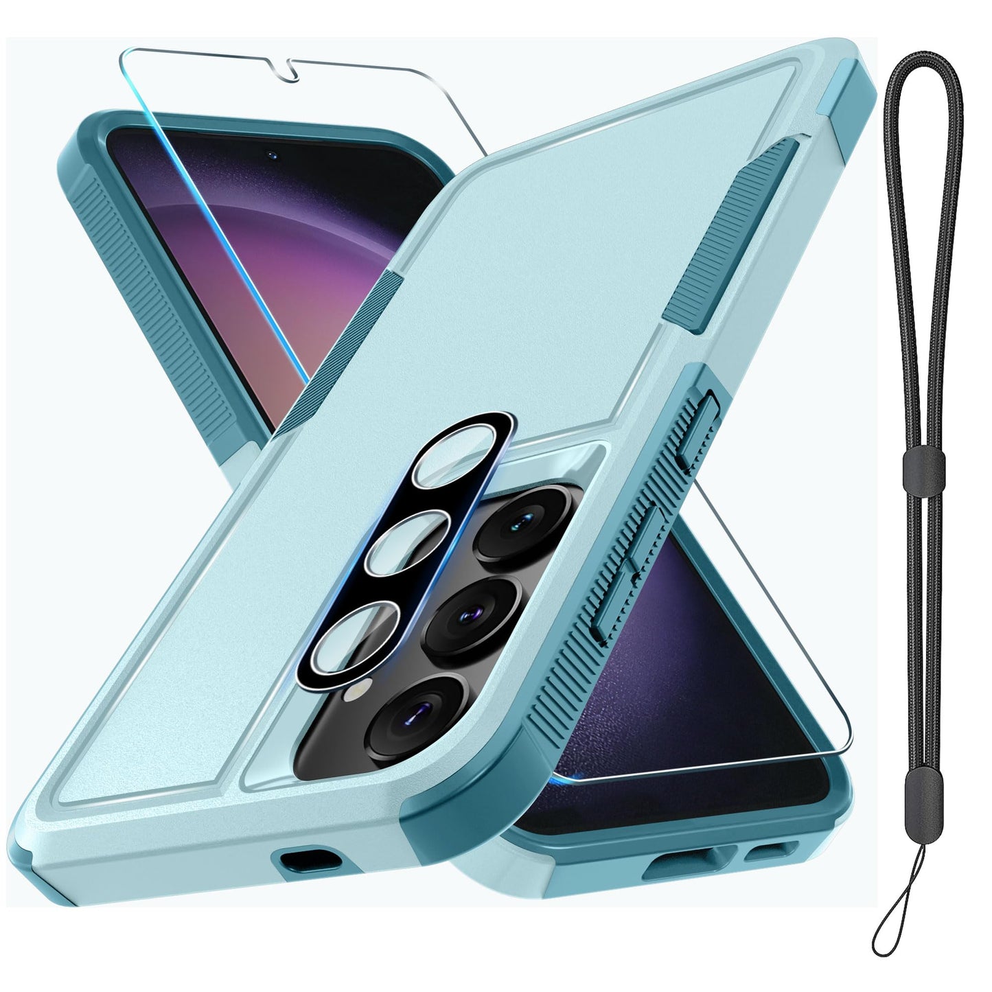 for Samsung Galaxy S23 FE Case [NOT for S23], Full Body Heavy Duty Rugged Shockproof Protective Phone Cover with Wrist Strap Lanyard, Tempered Glass Screen Protector and Camera Lens Cover, Mint Green