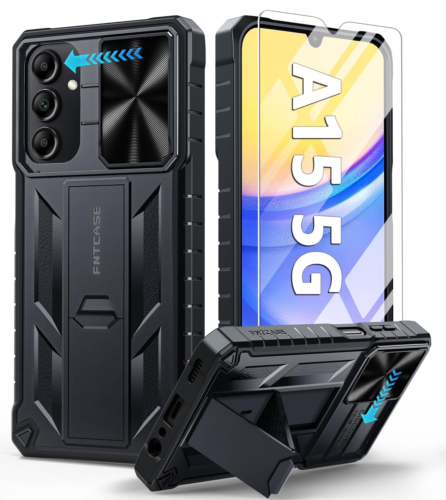 FNTCASE for Galaxy A17/A16-5G Case: Samsung A17 5G Military-Grade Dropproof Phone Cover with Kickstand & Slide Camera Cover | Protective Heavy Duty Rugged Phone Case Bumper Textured Protector (Blue)
