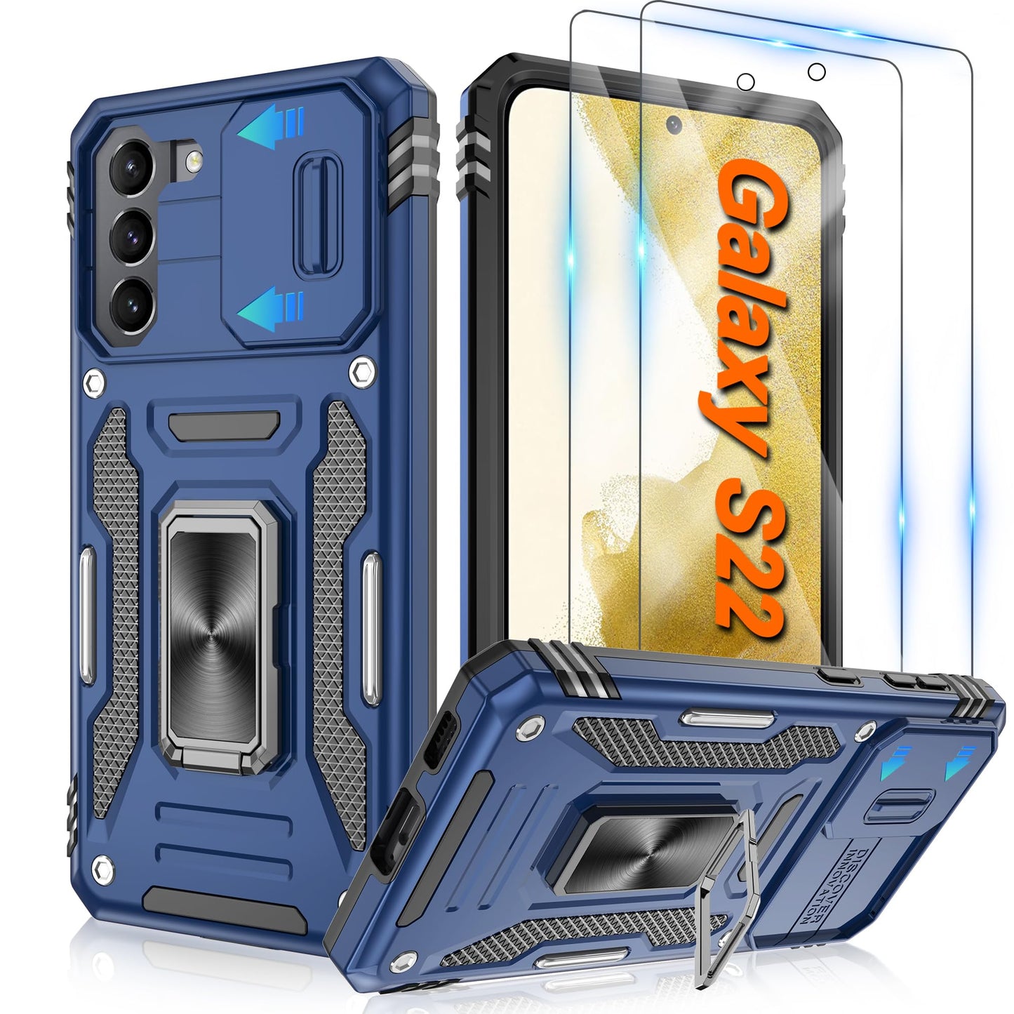 ATUMP for Samsung Galaxy S23 Case with [2 Pack] HD Screen Protector & Slide Camera Cover, 360° Rotation Ring Kickstand [Military Grade] Shockproof Protective Case for Galaxy S23 5G 6.1", Black