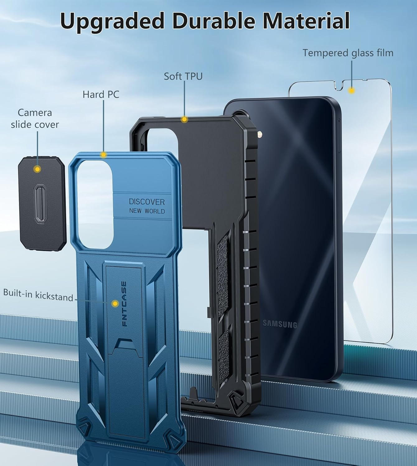 FNTCASE for Galaxy A17/A16-5G Case: Samsung A17 5G Military-Grade Dropproof Phone Cover with Kickstand & Slide Camera Cover | Protective Heavy Duty Rugged Phone Case Bumper Textured Protector (Blue)