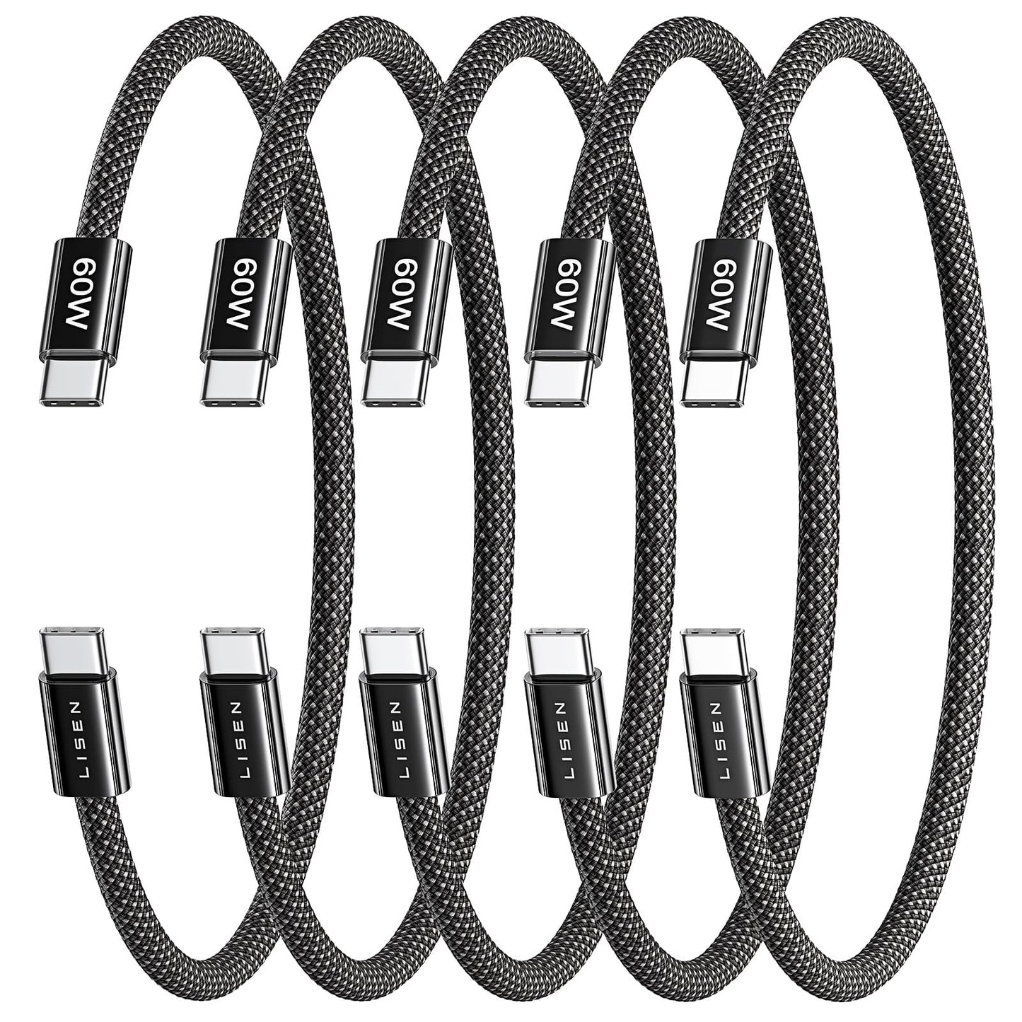 LISEN USB C to USB C Cable, 5-Pack [3.3/3.3/6.6/6.6/10FT] for iPhone 17 Charger Cord, 60W C to C Cable Fast Charging for iPad, iPhone 16 15 Pro Max, Galaxy S25/S24 USBC to USBC Cable Gifts for Men
