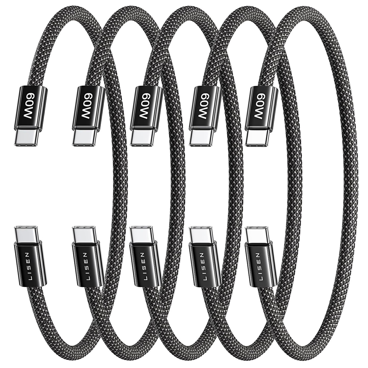 LISEN USB C to USB C Cable, 5-Pack [3.3/3.3/6.6/6.6/10FT] for iPhone 17 Charger Cord, 60W C to C Cable Fast Charging for iPad, iPhone 16 15 Pro Max, Galaxy S25/S24 USBC to USBC Cable Gifts for Men