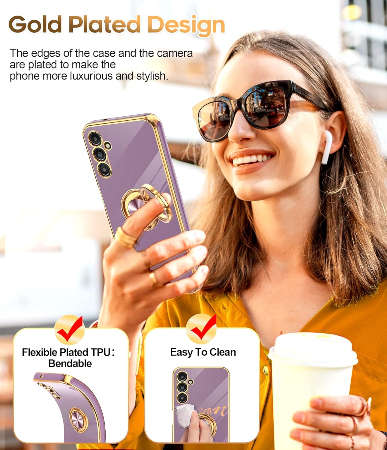LeYi for Samsung Galaxy A14 5G Case with [2 Pack] Tempered Glass Screen Protector 360° Rotatable Ring Holder Magnetic Kickstand, Plating Rose Gold Edge Protective Case, Purple