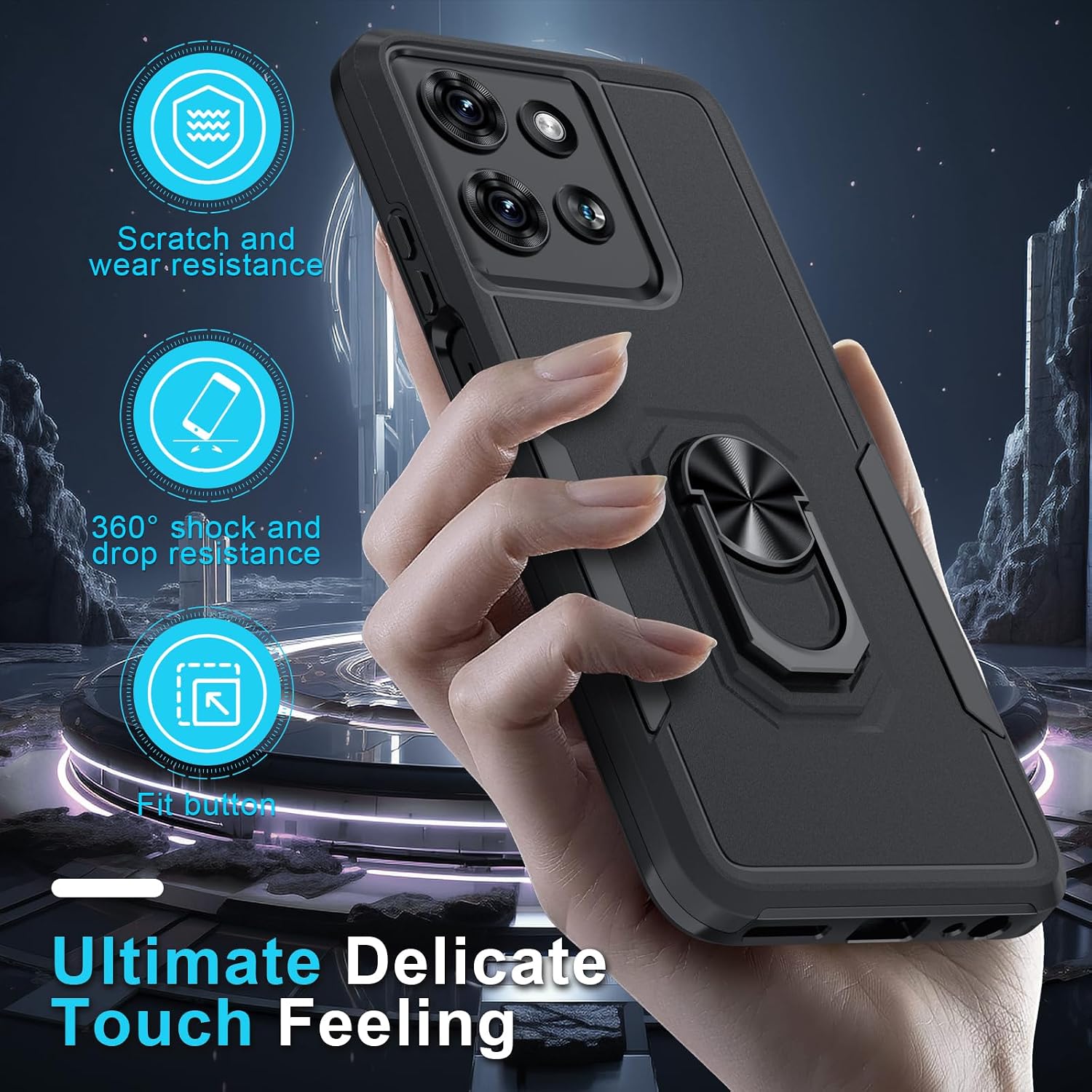Janmitta for Motorola Moto G 2025 Case/Moto G 2026 Case with Screen Protector,Heavy Duty Shockproof Full Body Protective Cover Built in Rotatable Metal Holder for Moto-G-Play-2026,Black Matte
