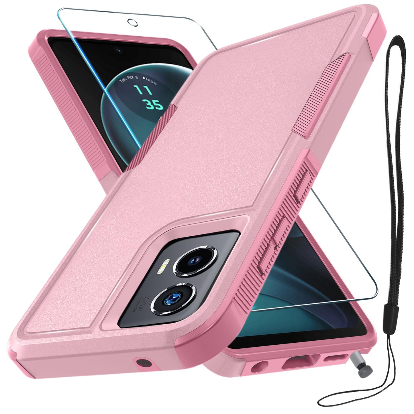 for Motorola G Play 2026/Moto G 2026 Case, Full Body Heavy Duty Rugged Shockproof Protective Phone Cover with Lanyard Strap+Tempered Glass Screen Protector, Black Matte