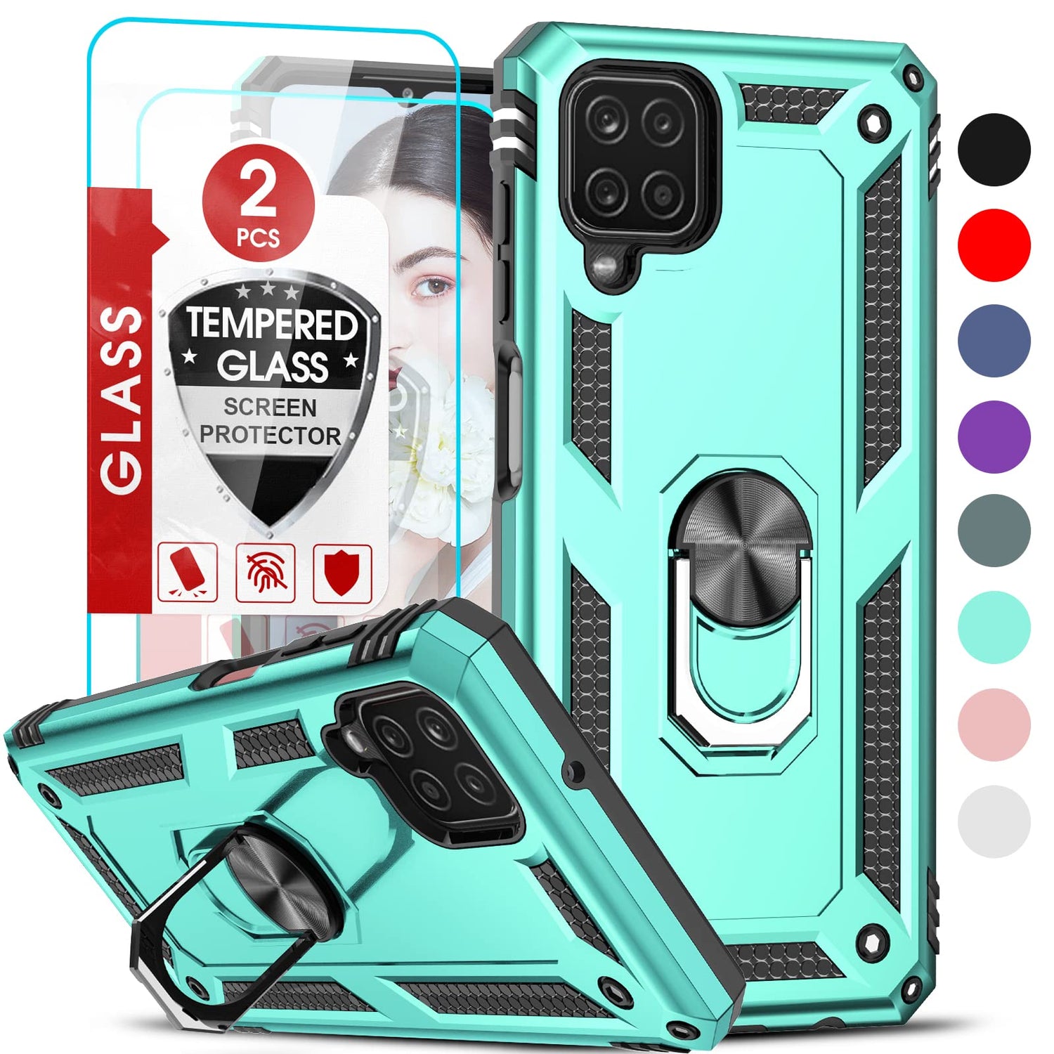 LeYi for Samsung Galaxy A12 Phone Case, Samsung A12 Phone Case with [2 Pack] Glass Screen Protector Replacement, Military-Grade Shockproof Magnetic Ring Stand Cell Android Case Cover A 12 5G, Black