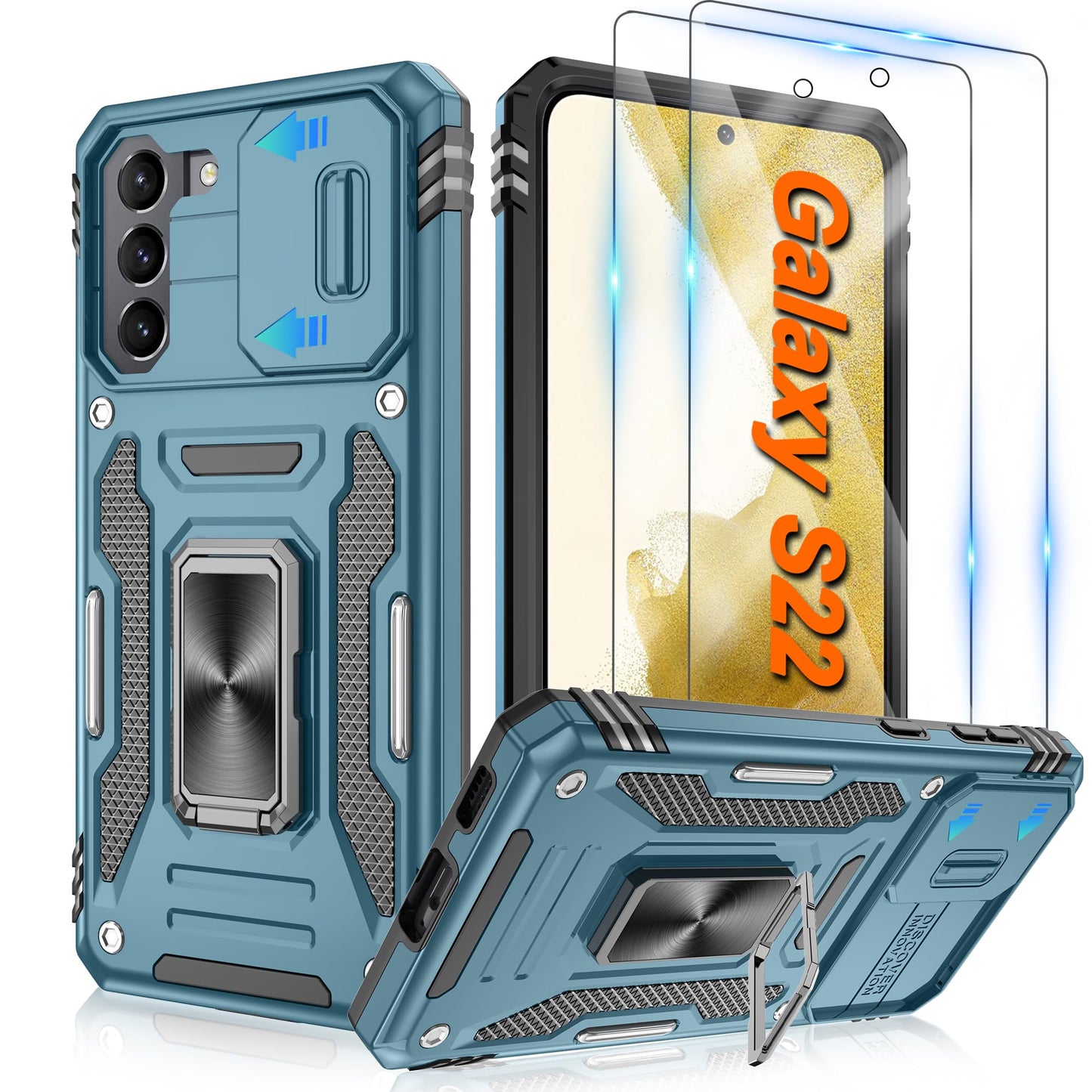 ATUMP for Samsung Galaxy S23 Case with [2 Pack] HD Screen Protector & Slide Camera Cover, 360° Rotation Ring Kickstand [Military Grade] Shockproof Protective Case for Galaxy S23 5G 6.1", Black