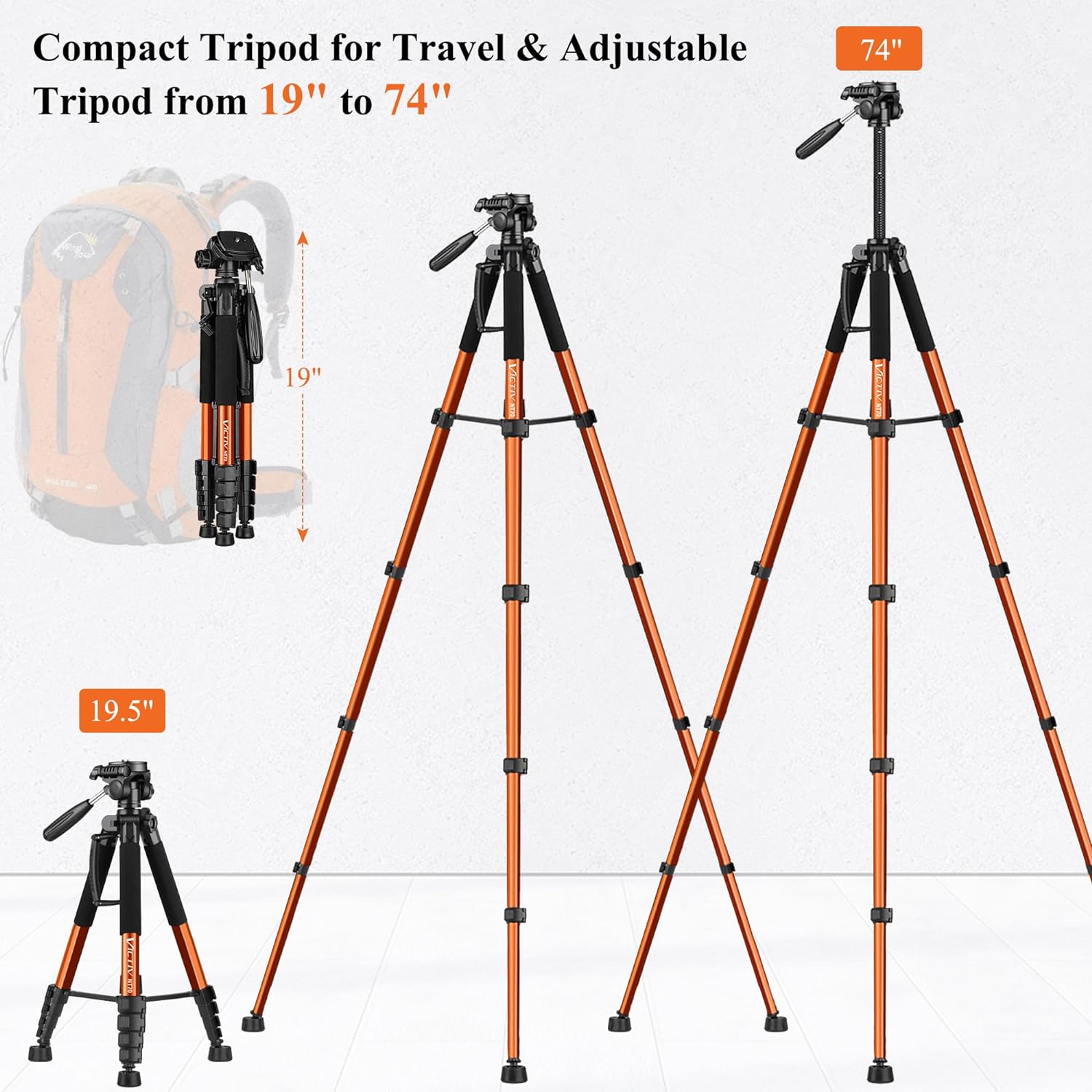 Victiv 74” Camera Tripod, Phone Tripod for iPhone with Phone Holder, Orange | Aluminum Professional Heavy Duty Camera Tripod Stand, Tall Tripod for DSLR with Carry Bag, Compatible with Canon Nikon iPhone