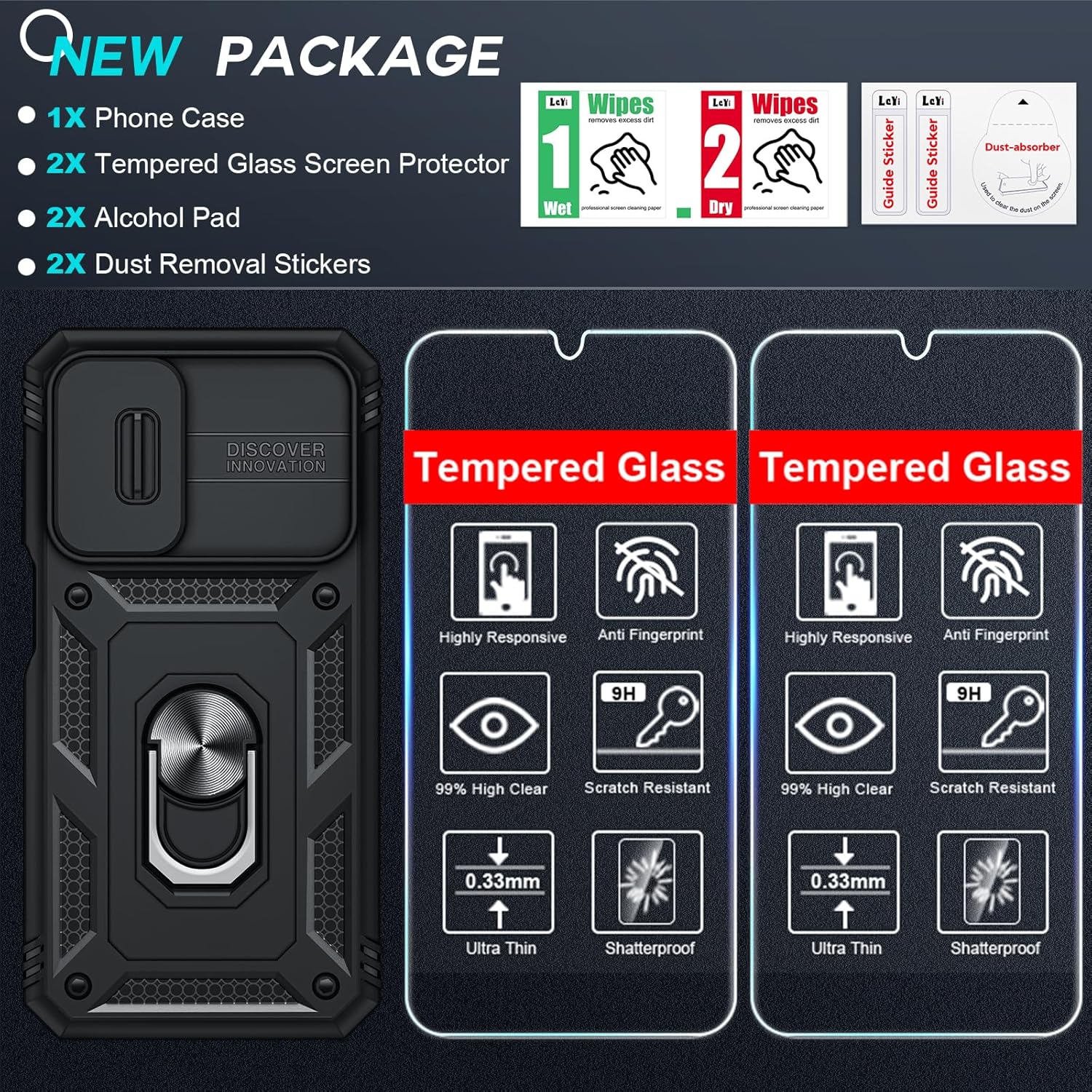 LeYi Compatible for Samsung Galaxy A15-5G Phone Case: Galaxy A15 5G Screen Protector Scratch Resistant [2 Packs] with A15 Case, Heavy Duty Shockproof para Basic Android Galaxy Phone Case A 15, Black